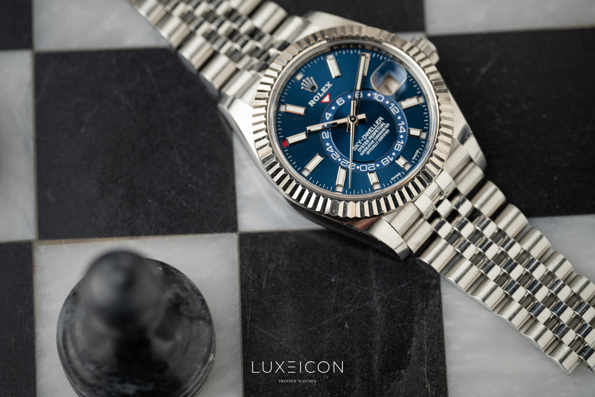 Rolex Sky-Dweller Stainless Steel Blue Dial Jubilee 326934 White Gold Fluted Bezel
