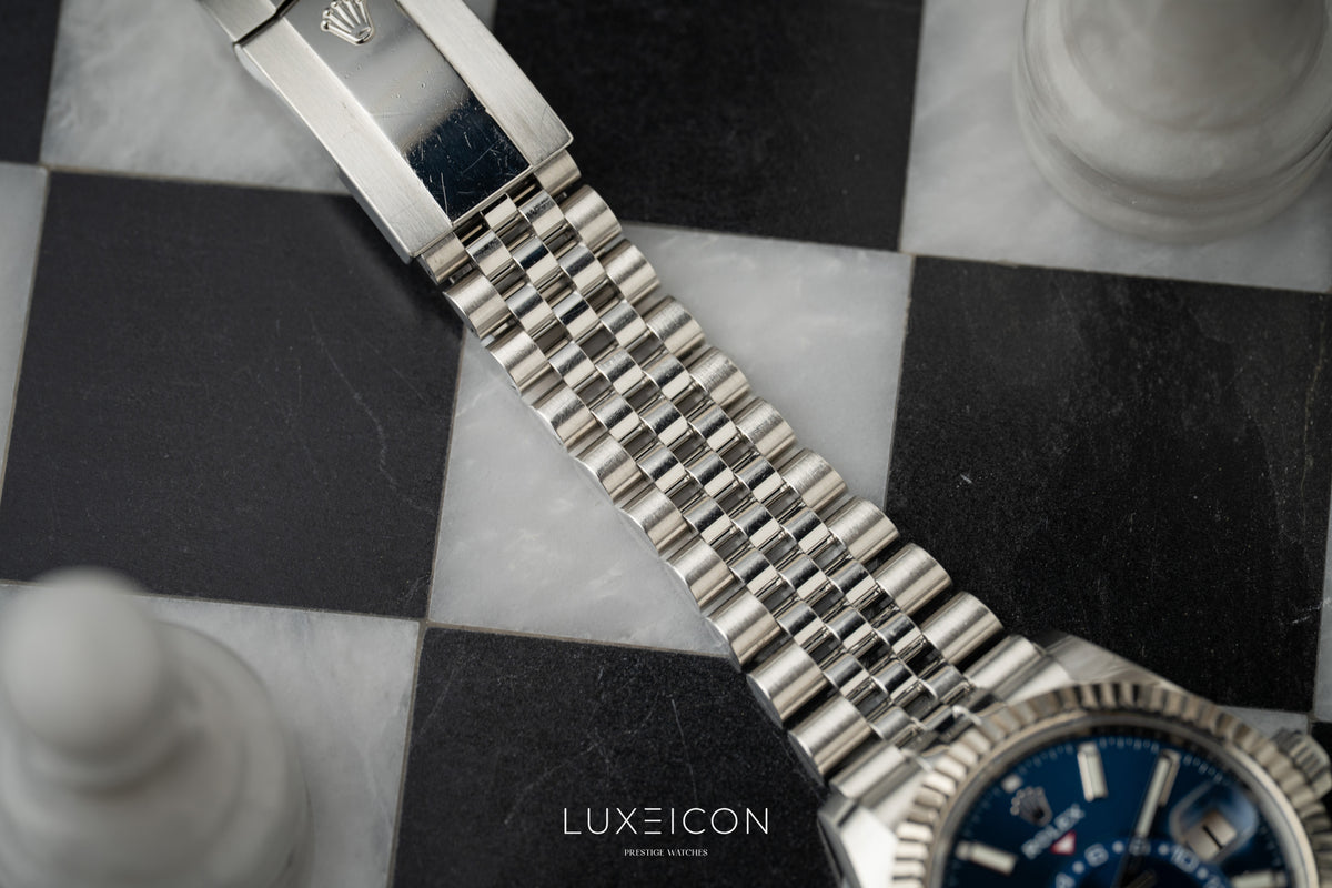 Rolex Sky-Dweller Stainless Steel Blue Dial Jubilee 326934 White Gold Fluted Bezel