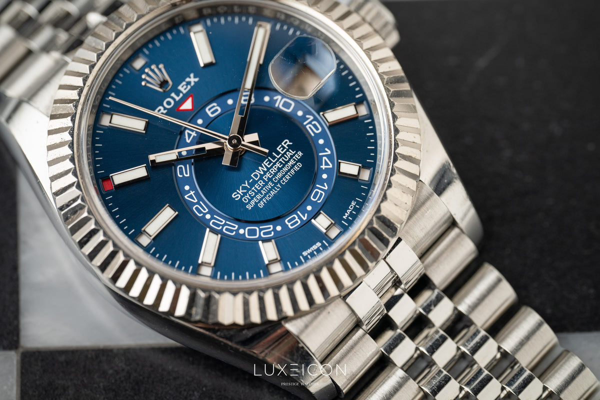 Rolex Sky-Dweller Stainless Steel Blue Dial Jubilee 326934 White Gold Fluted Bezel