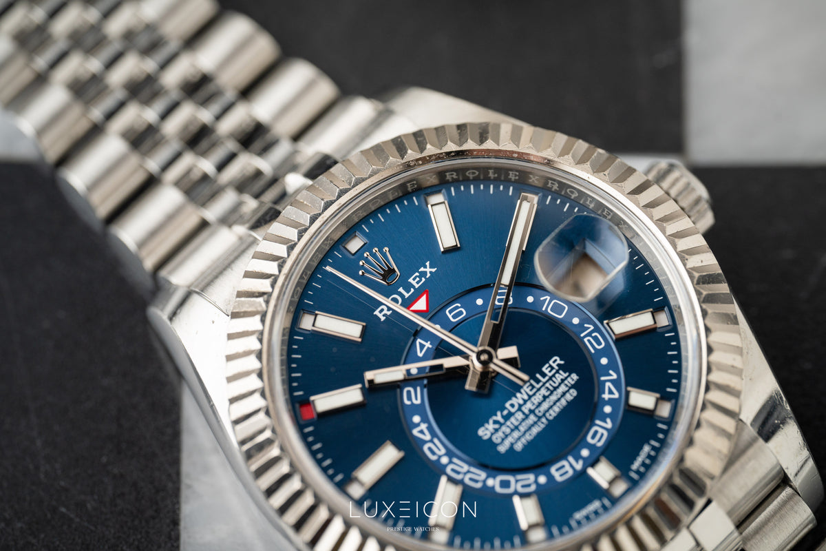 Rolex Sky-Dweller Stainless Steel Blue Dial Jubilee 326934 White Gold Fluted Bezel