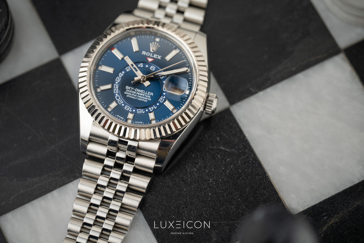 Rolex Sky-Dweller Stainless Steel Blue Dial Jubilee 326934 White Gold Fluted Bezel