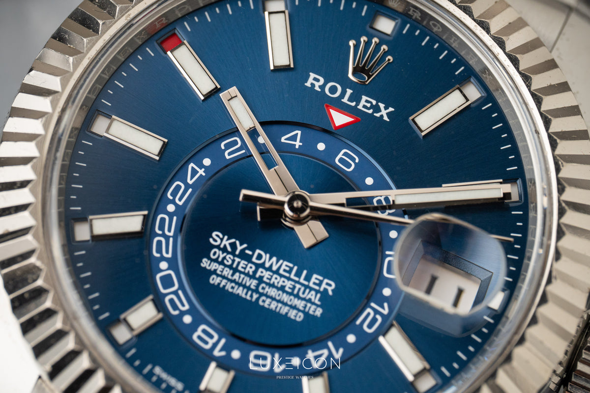 Rolex Sky-Dweller Stainless Steel Blue Dial Jubilee 326934 White Gold Fluted Bezel