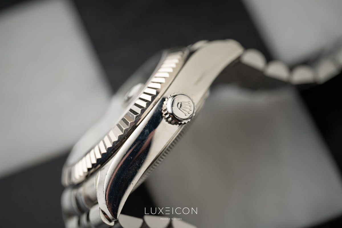 Rolex Sky-Dweller Stainless Steel Blue Dial Jubilee 326934 White Gold Fluted Bezel