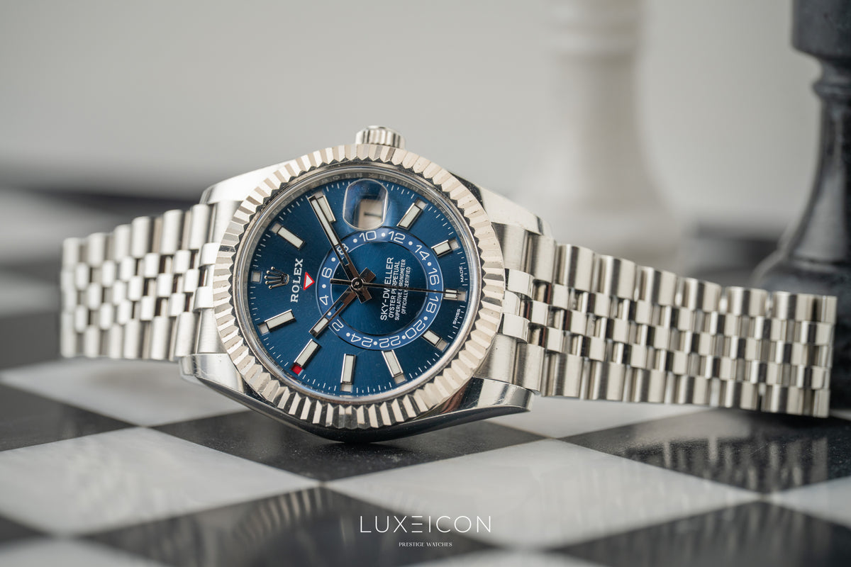 Rolex Sky-Dweller Stainless Steel Blue Dial Jubilee 326934 White Gold Fluted Bezel