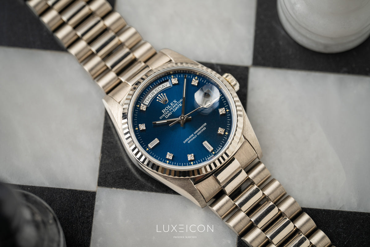 Rolex Day-Date President 18239 18K White Gold Blue Diamond Dial Fluted Bezel 1989