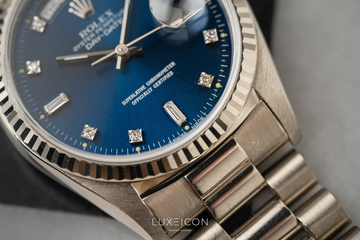 Rolex Day-Date President 18239 18K White Gold Blue Diamond Dial Fluted Bezel 1989