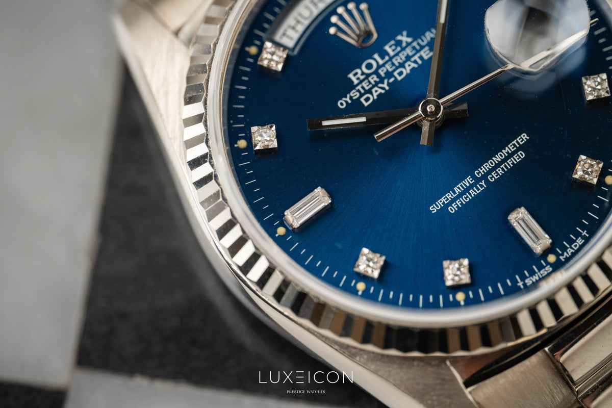 Rolex Day-Date President 18239 18K White Gold Blue Diamond Dial Fluted Bezel 1989