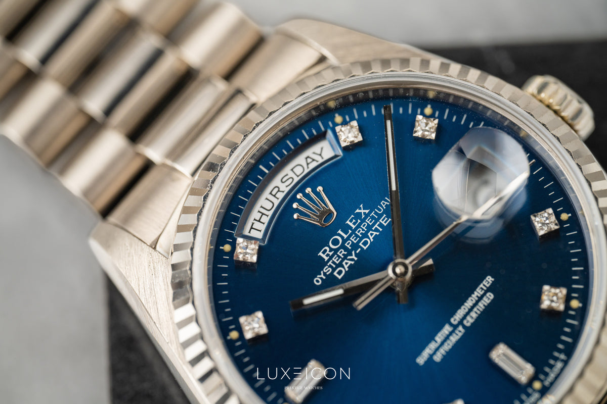 Rolex Day-Date President 18239 18K White Gold Blue Diamond Dial Fluted Bezel 1989