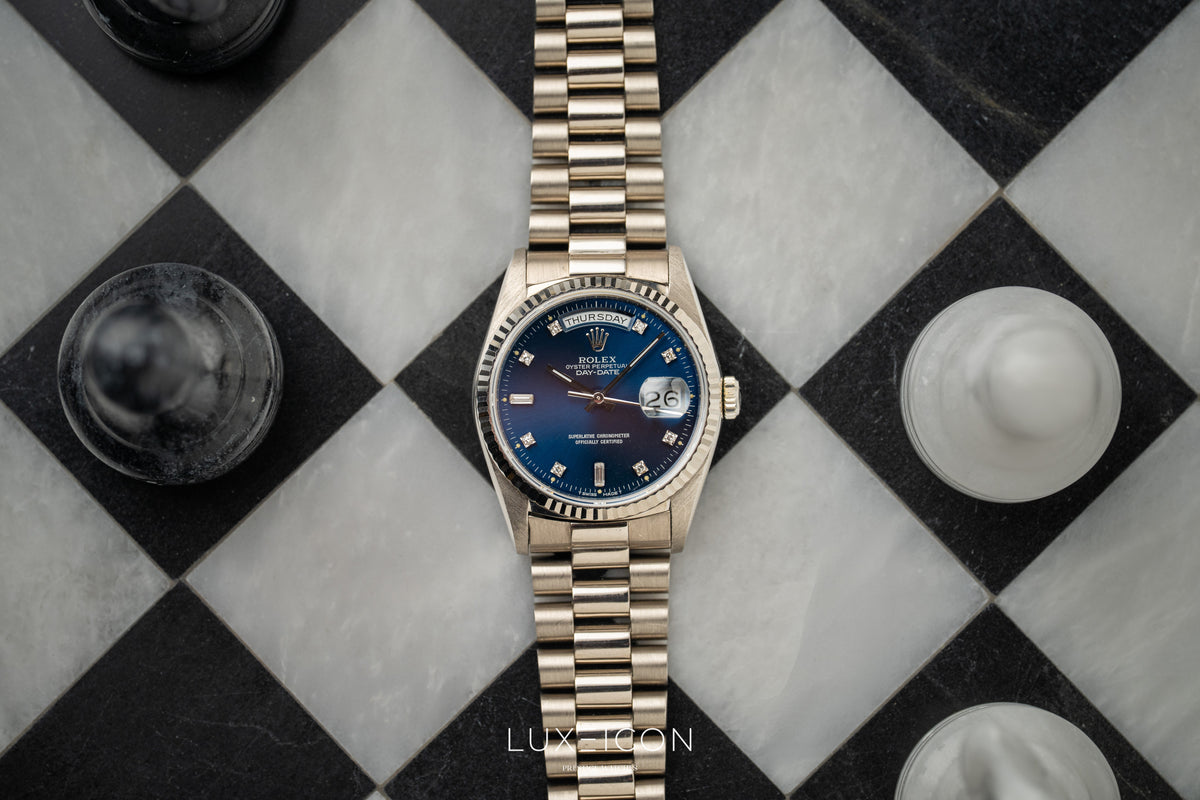 Rolex Day-Date President 18239 18K White Gold Blue Diamond Dial Fluted Bezel 1989