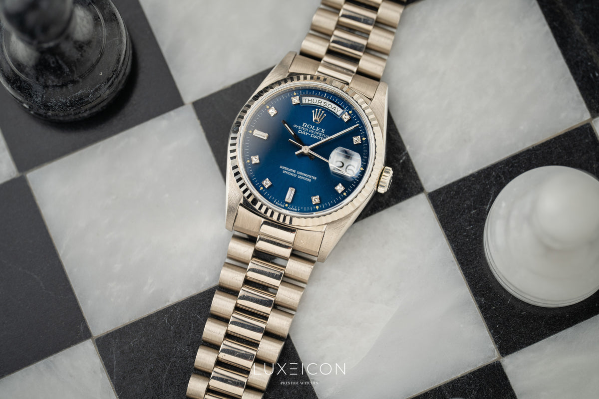 Rolex Day-Date President 18239 18K White Gold Blue Diamond Dial Fluted Bezel 1989