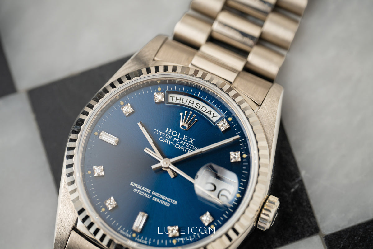 Rolex Day-Date President 18239 18K White Gold Blue Diamond Dial Fluted Bezel 1989