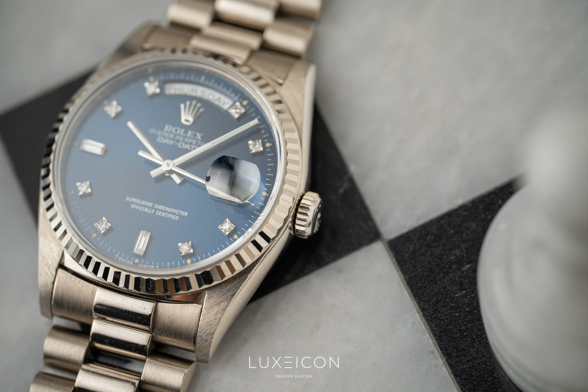 Rolex Day-Date President 18239 18K White Gold Blue Diamond Dial Fluted Bezel 1989