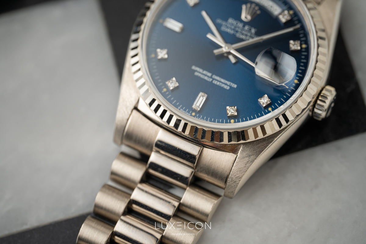 Rolex Day-Date President 18239 18K White Gold Blue Diamond Dial Fluted Bezel 1989
