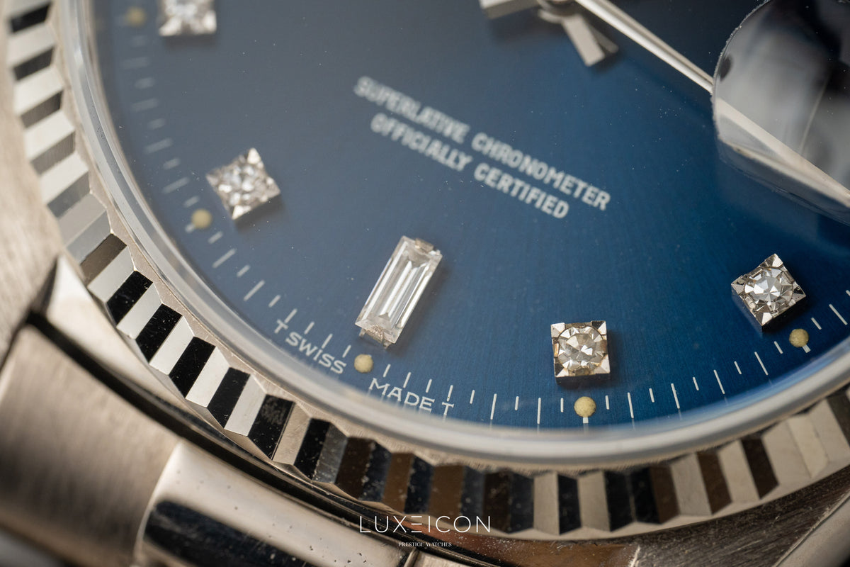 Rolex Day-Date President 18239 18K White Gold Blue Diamond Dial Fluted Bezel 1989