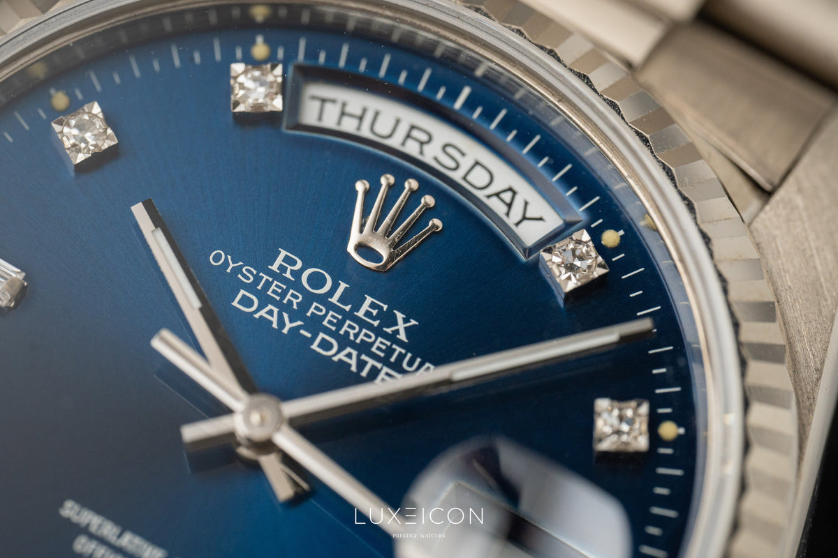 Rolex Day-Date President 18239 18K White Gold Blue Diamond Dial Fluted Bezel 1989