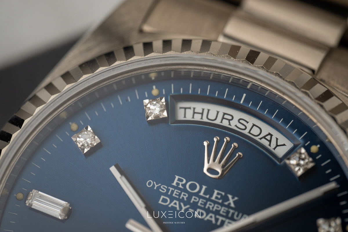 Rolex Day-Date President 18239 18K White Gold Blue Diamond Dial Fluted Bezel 1989