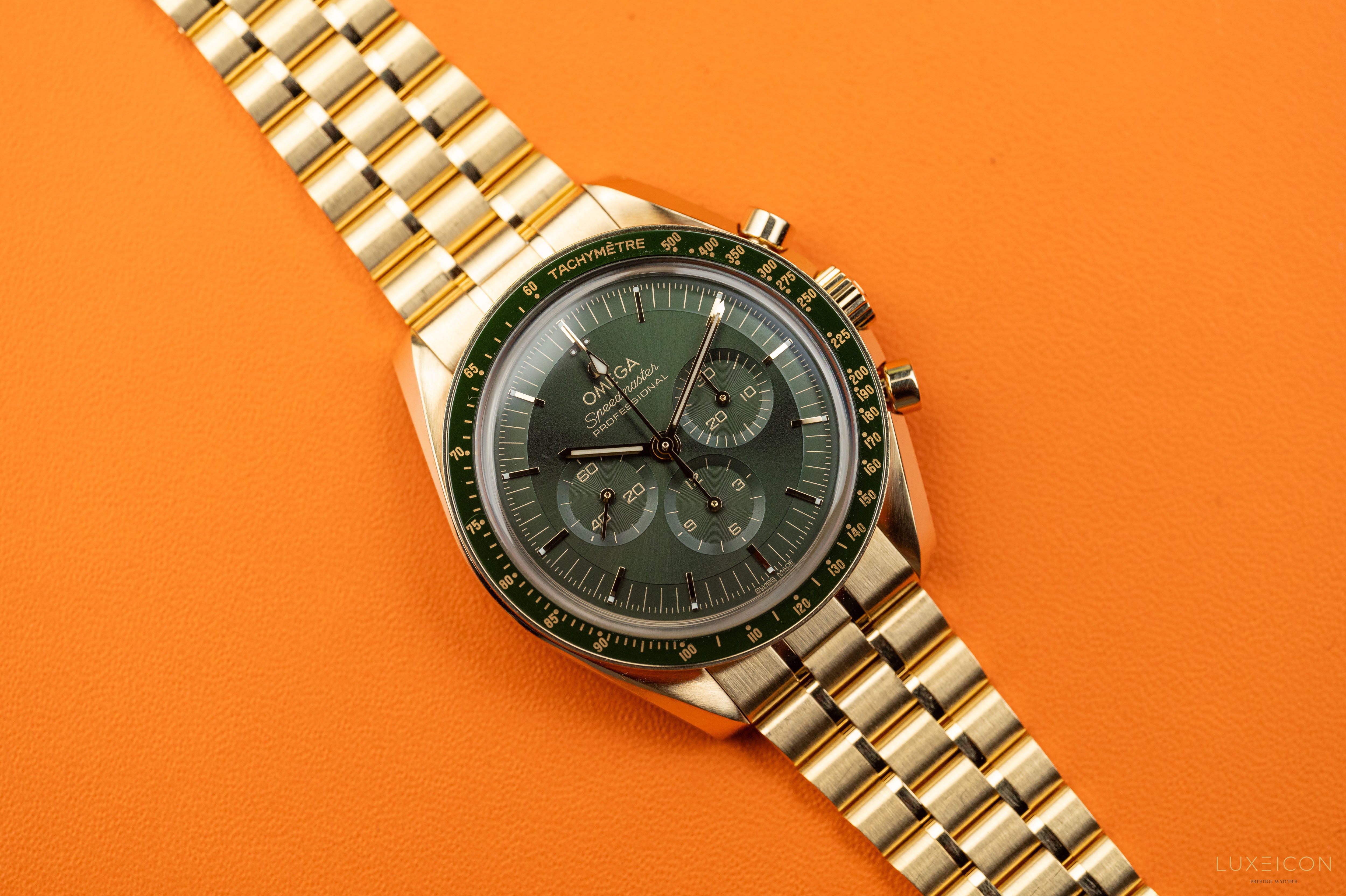 Omega Speedmaster Professional Moonwatch “Moonshine” Green dial 18k Yellow Gold