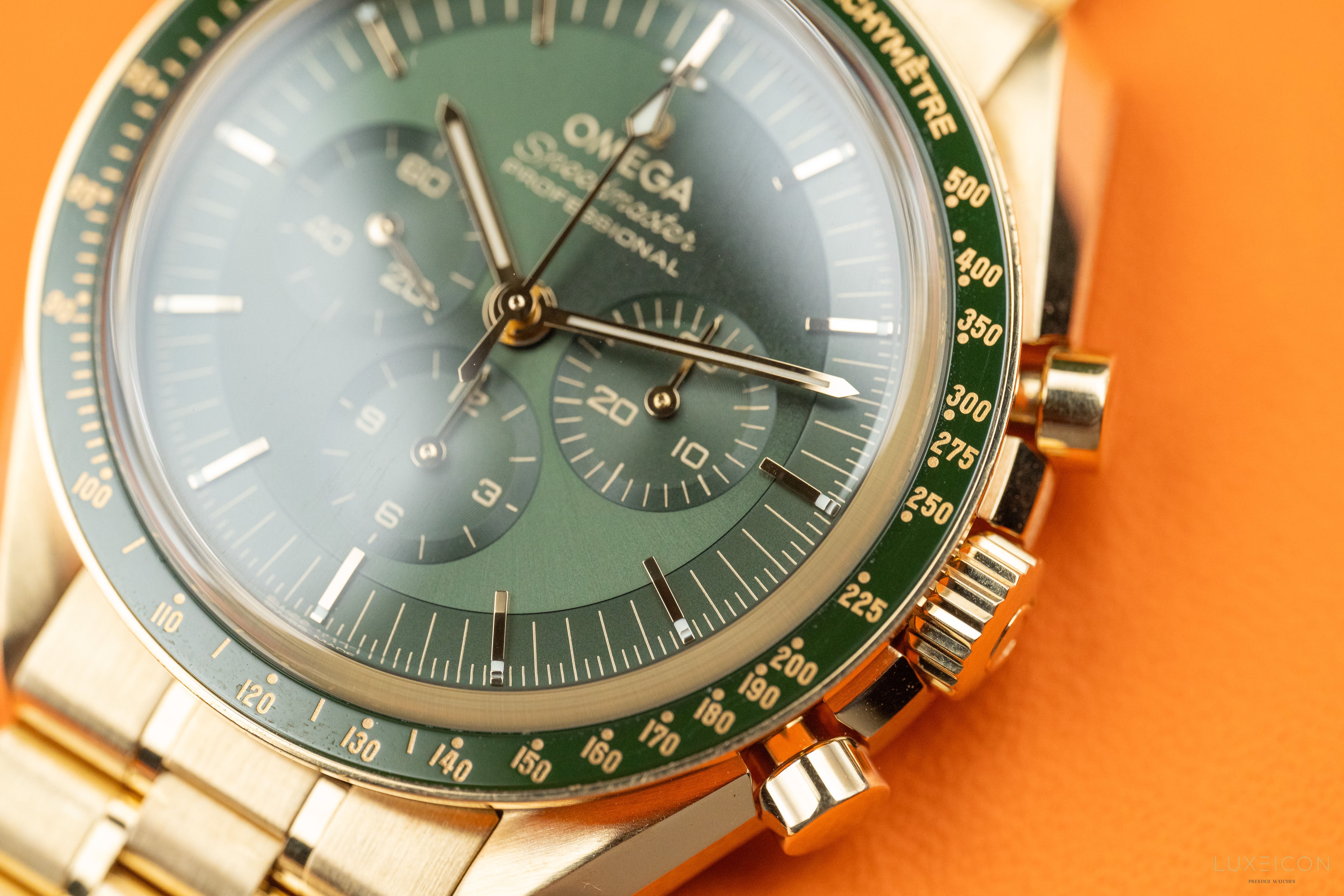 Omega Speedmaster Professional Moonwatch “Moonshine” Green dial 18k Yellow Gold