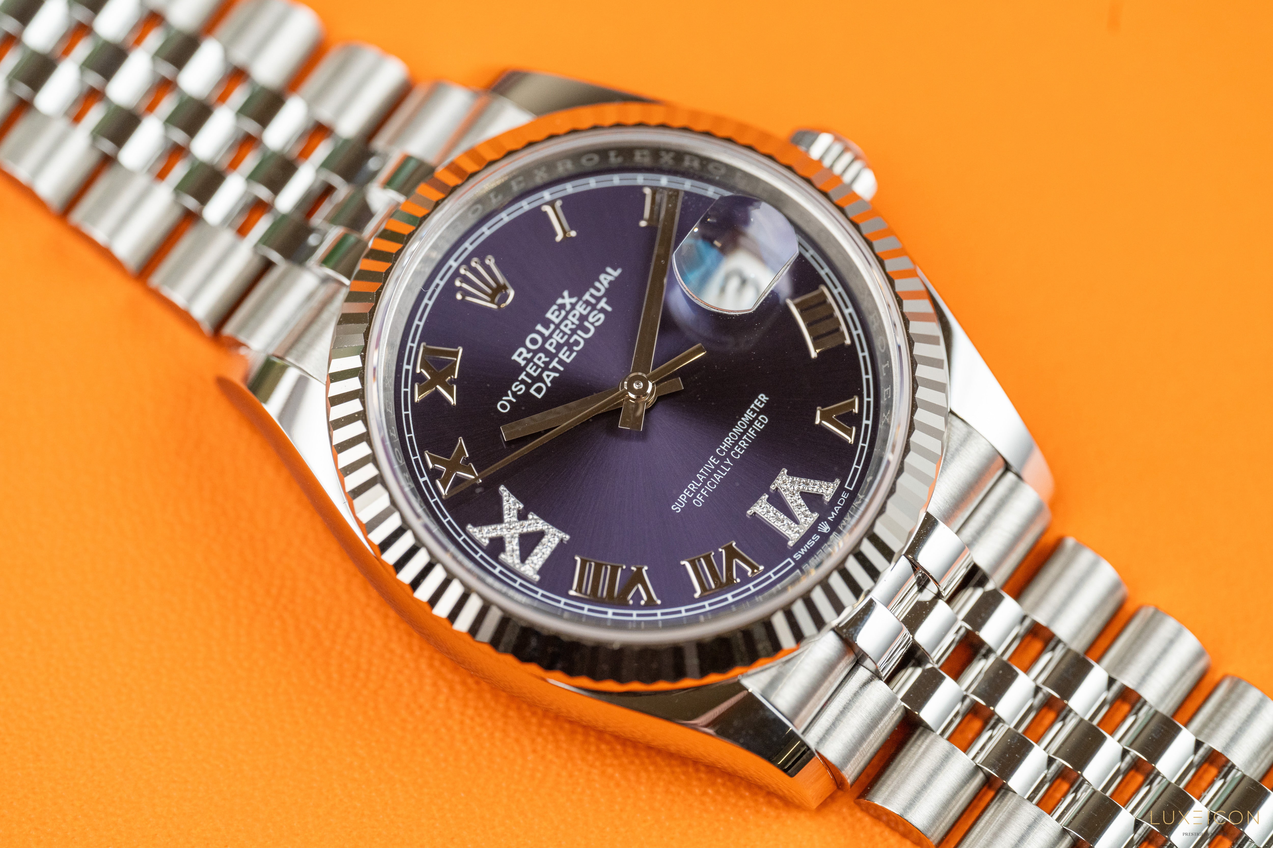 Rolex Datejust 36mm Purple Aubergine Roman Diamond VI And IX Dial 18k Fluted Jubilee