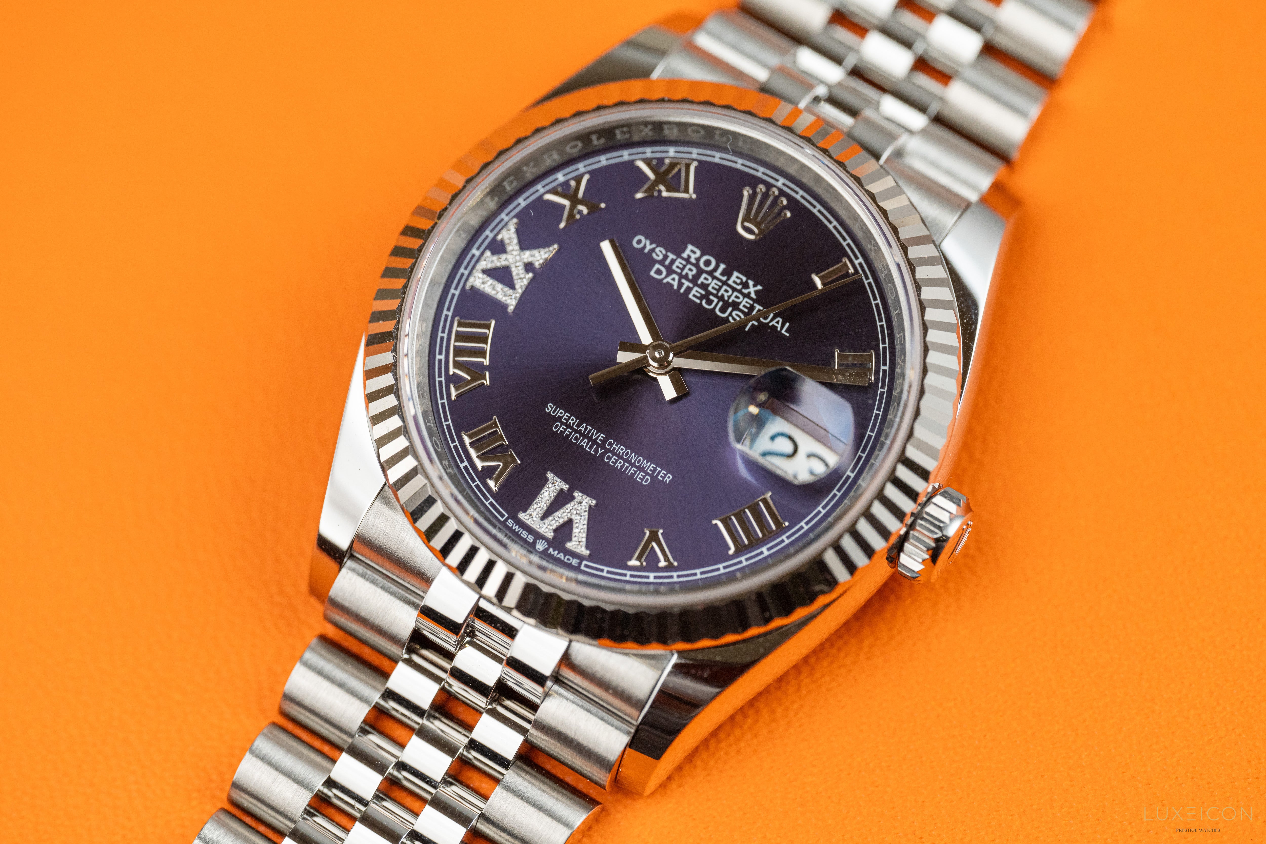 Rolex Datejust 36mm Purple Aubergine Roman Diamond VI And IX Dial 18k Fluted Jubilee