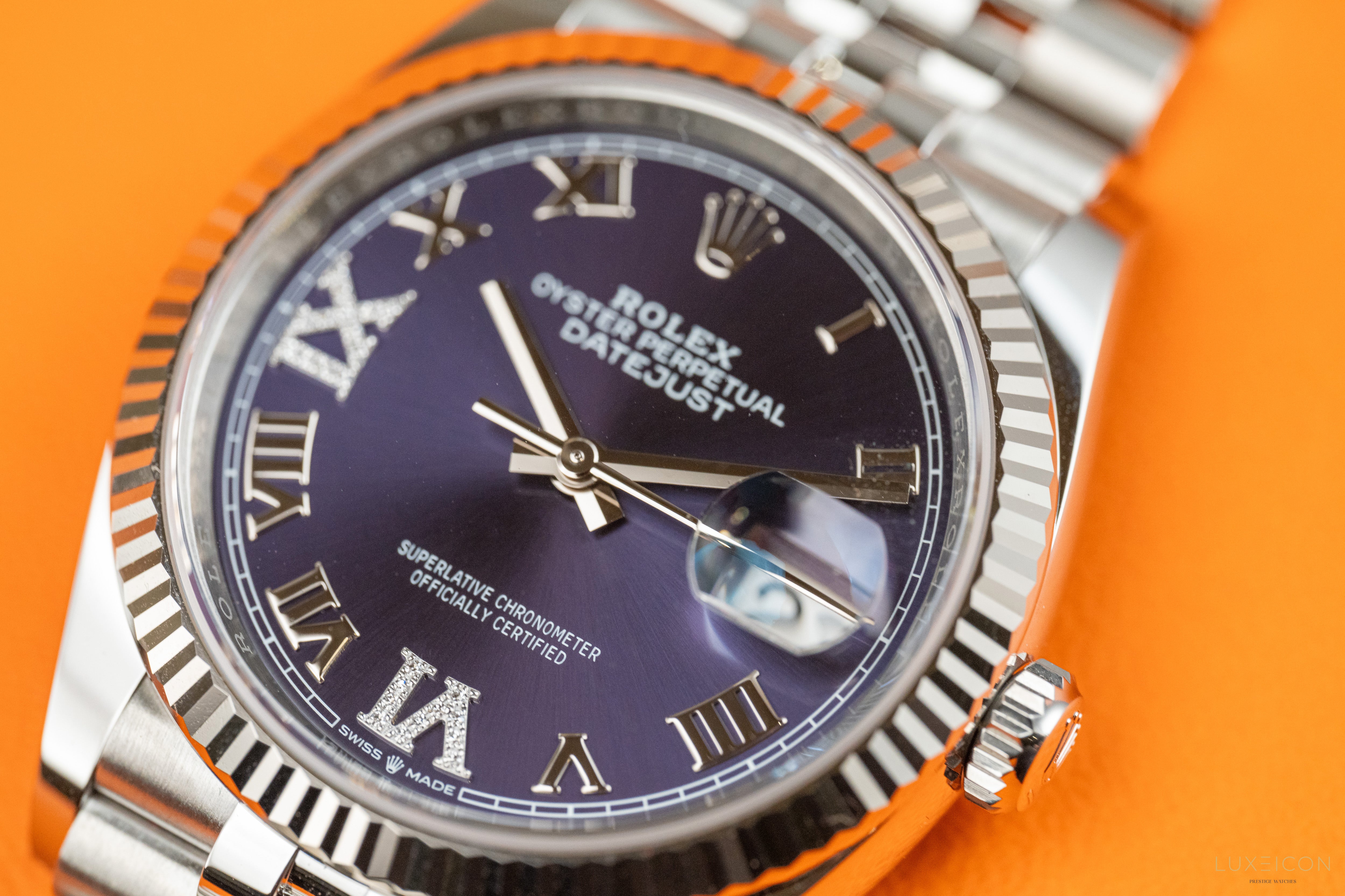 Rolex Datejust 36mm Purple Aubergine Roman Diamond VI And IX Dial 18k Fluted Jubilee