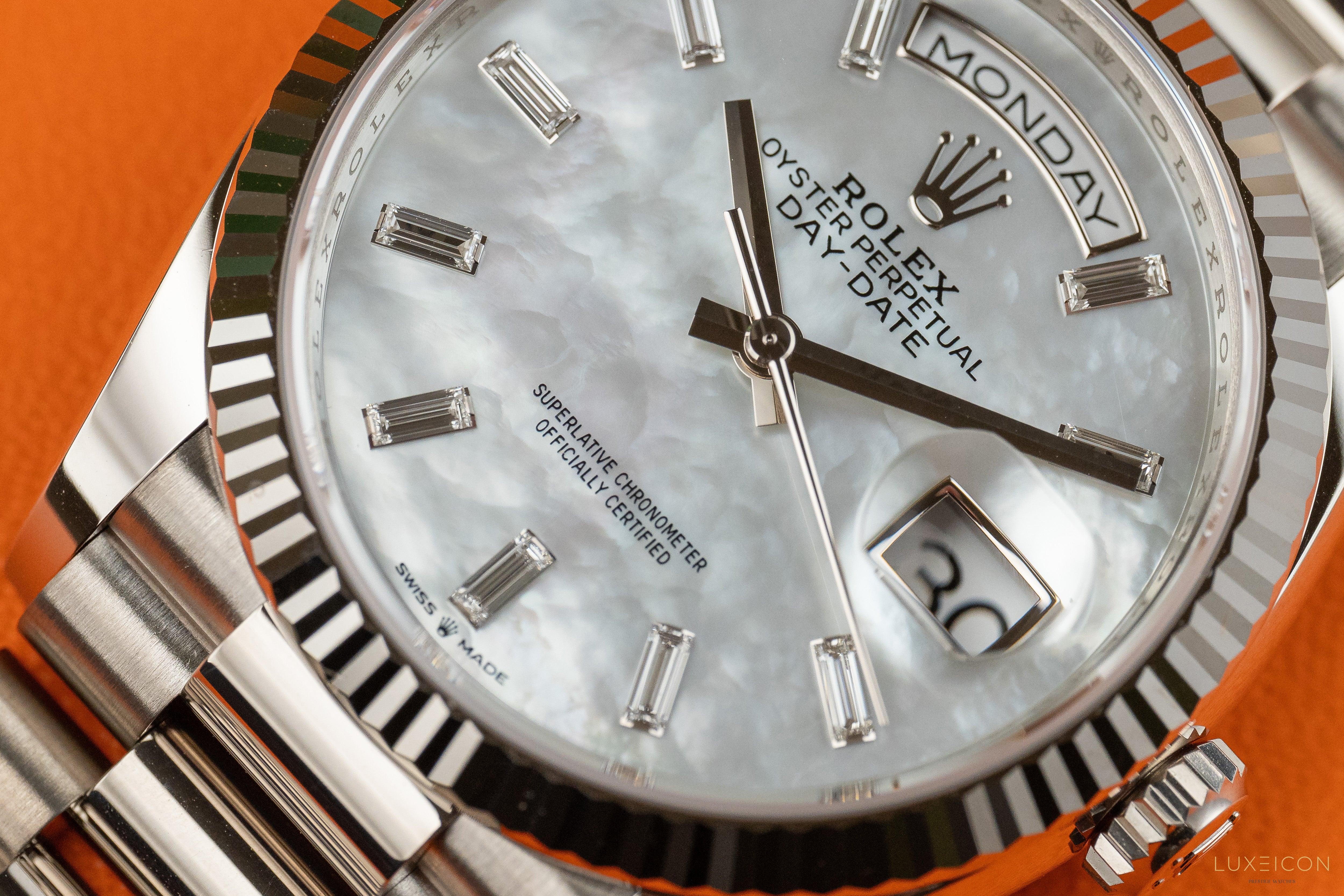 Rolex Day-Date 36mm white gold Mother of Pearl Diamond Baguette Dial 128239