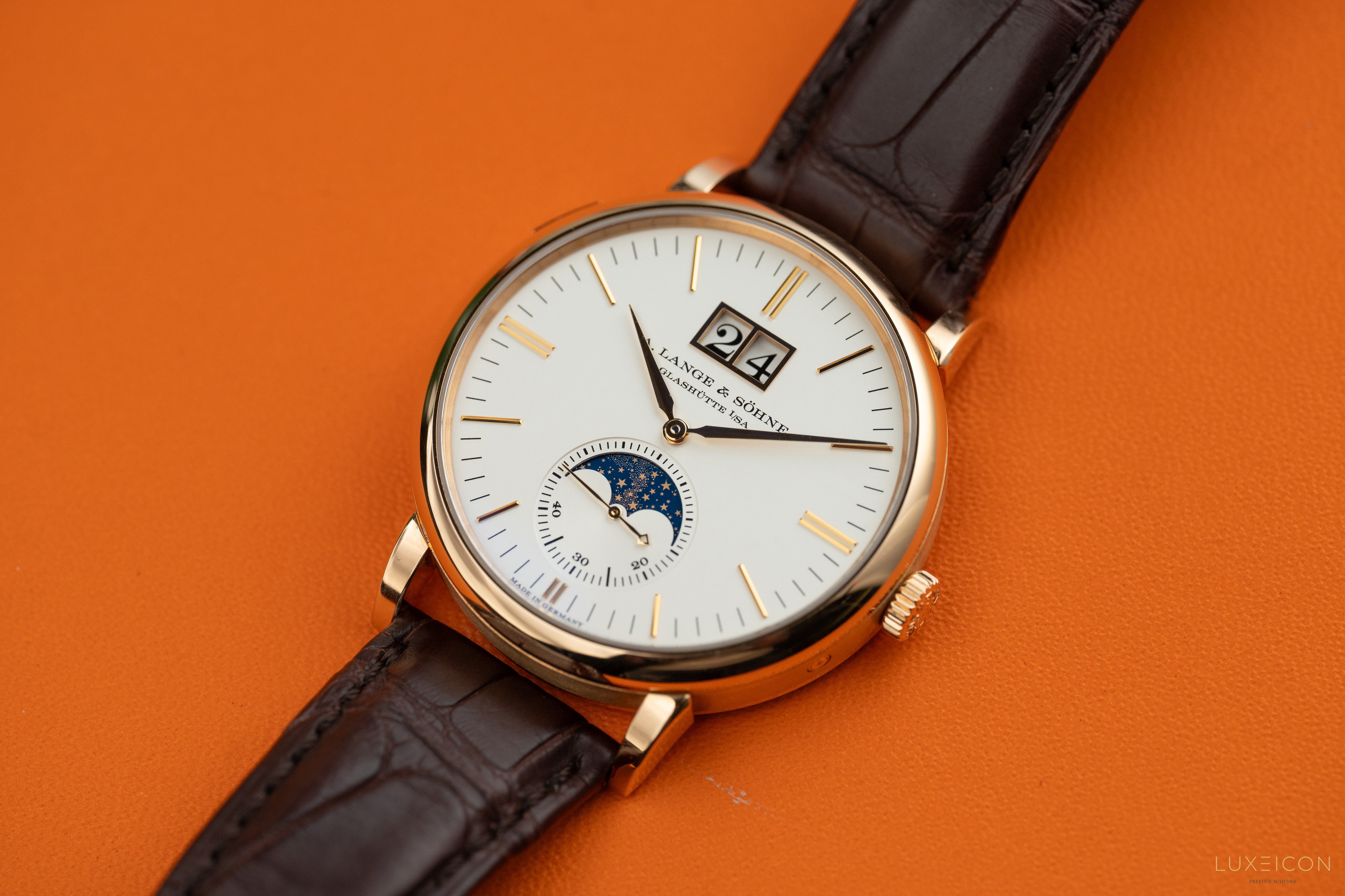 A. Lange & Söhne Saxonia Moonphase Rose Gold Silver Dial Mens Watch 384.032 2022