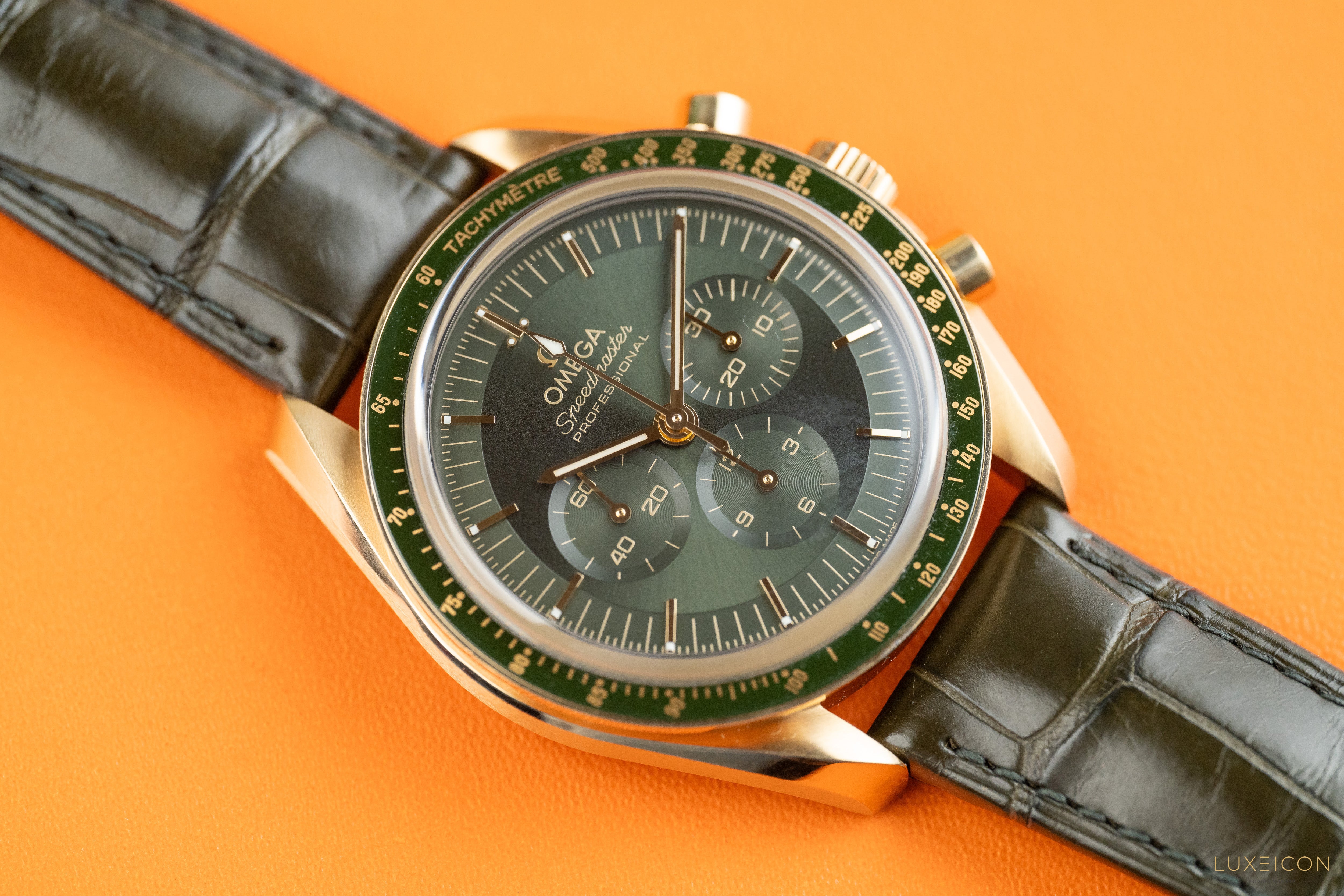 Omega Speedmaster Professional Moonwatch “Moonshine” Green dial 18k Yellow Gold