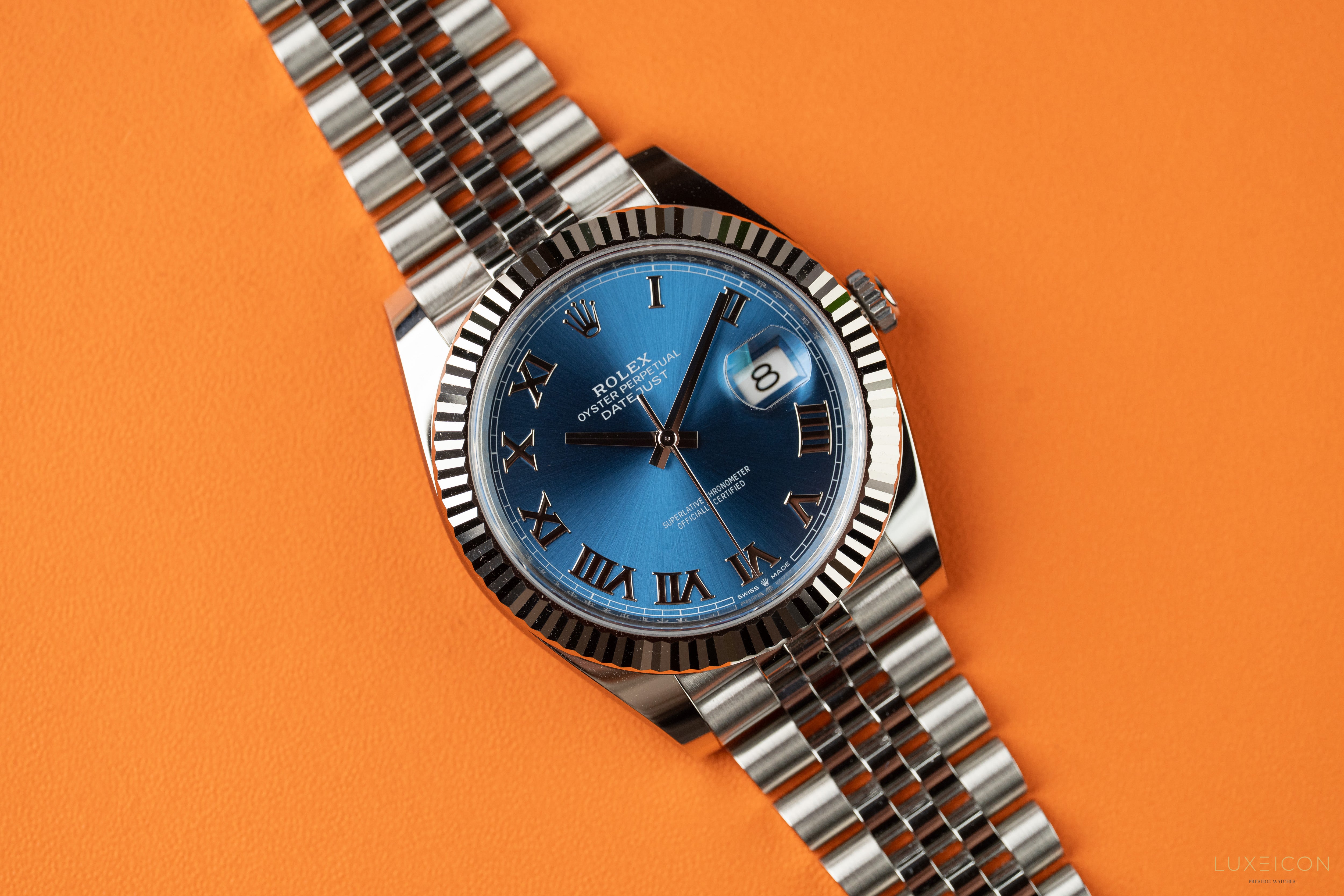 Rolex Datejust 41 126334 Blue Azzurro Roman Dial Stainless Steel Fluted Bezel Jubilee