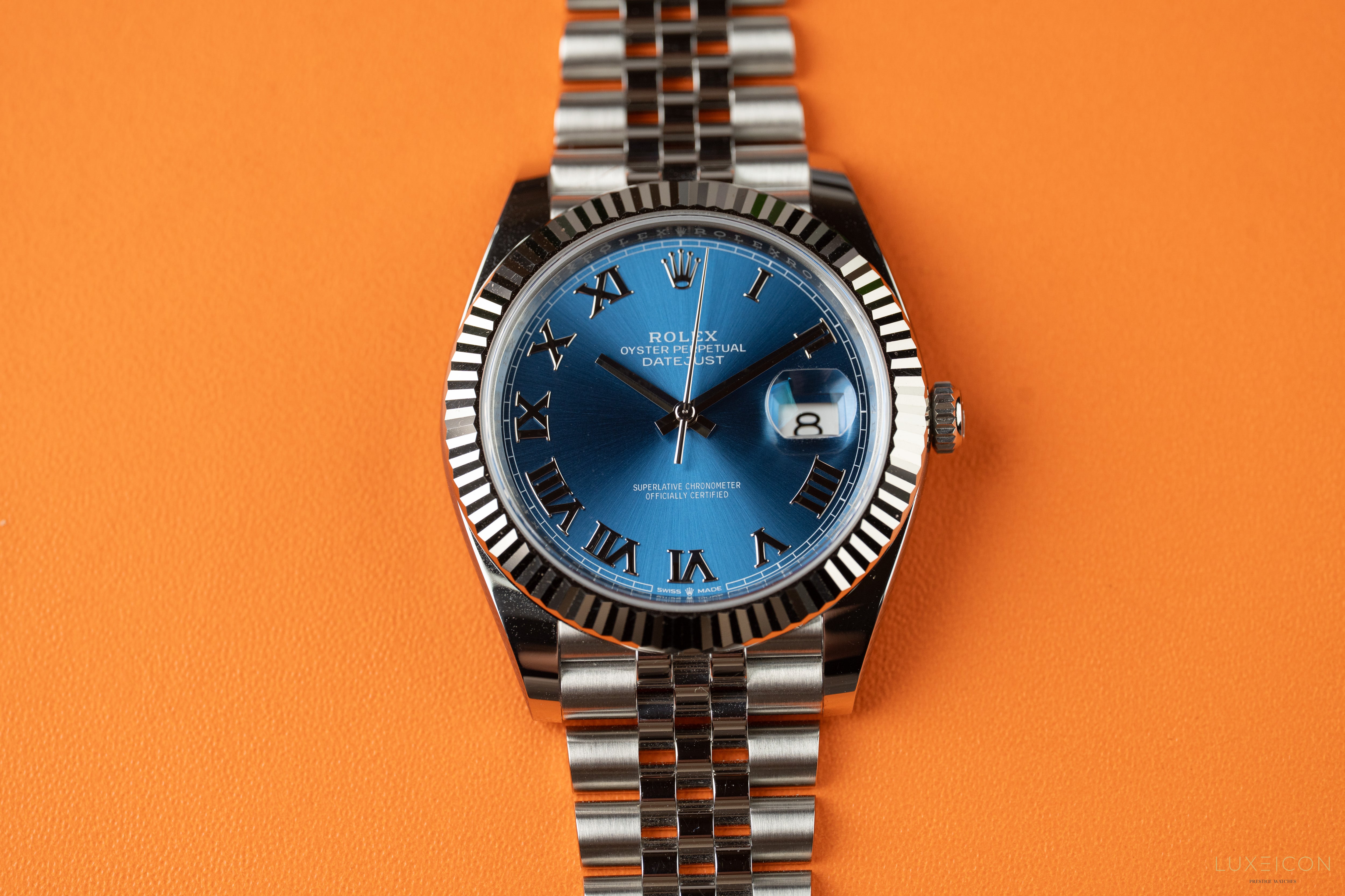 Rolex Datejust 41 126334 Blue Azzurro Roman Dial Stainless Steel Fluted Bezel Jubilee