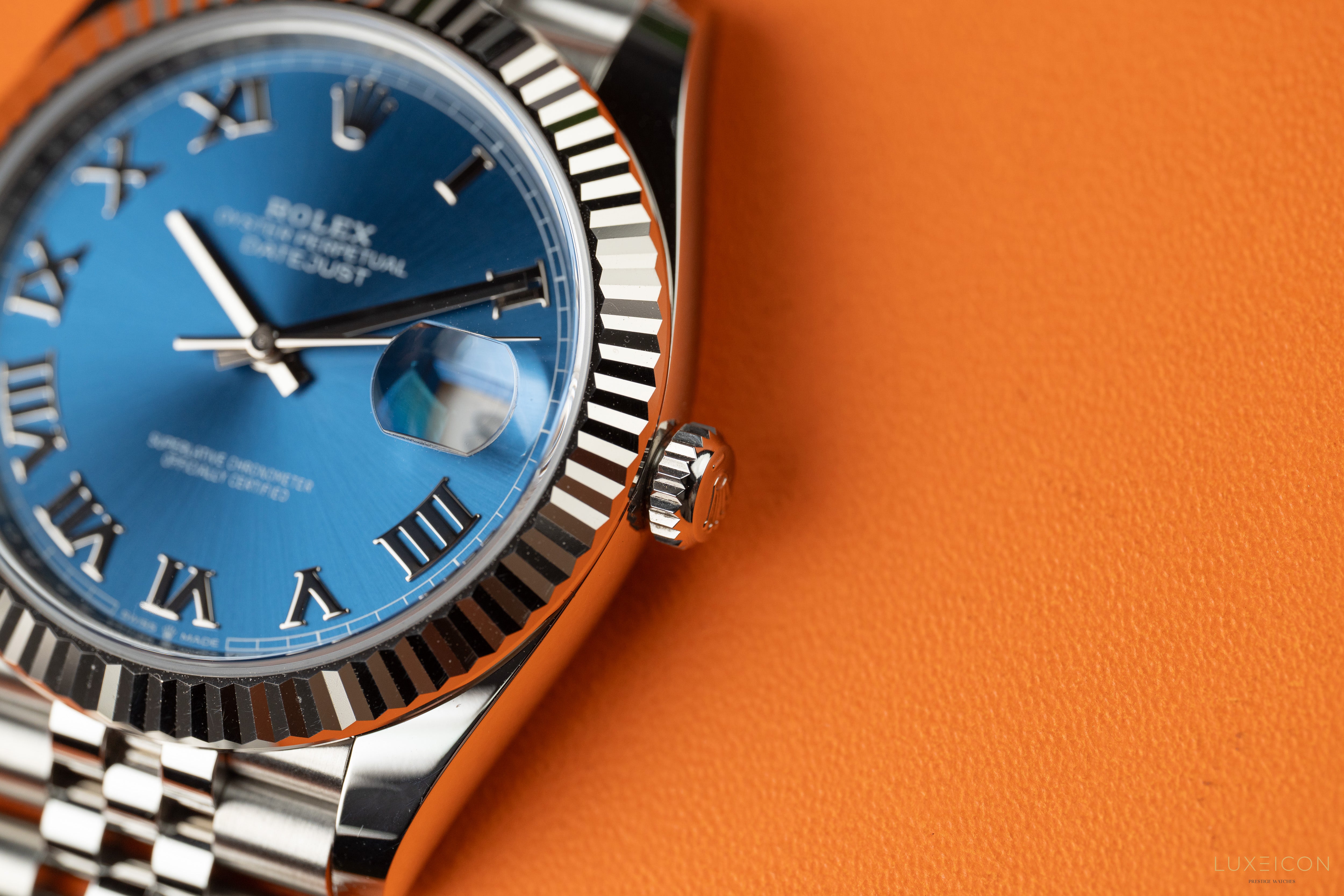 Rolex Datejust 41 126334 Blue Azzurro Roman Dial Stainless Steel Fluted Bezel Jubilee