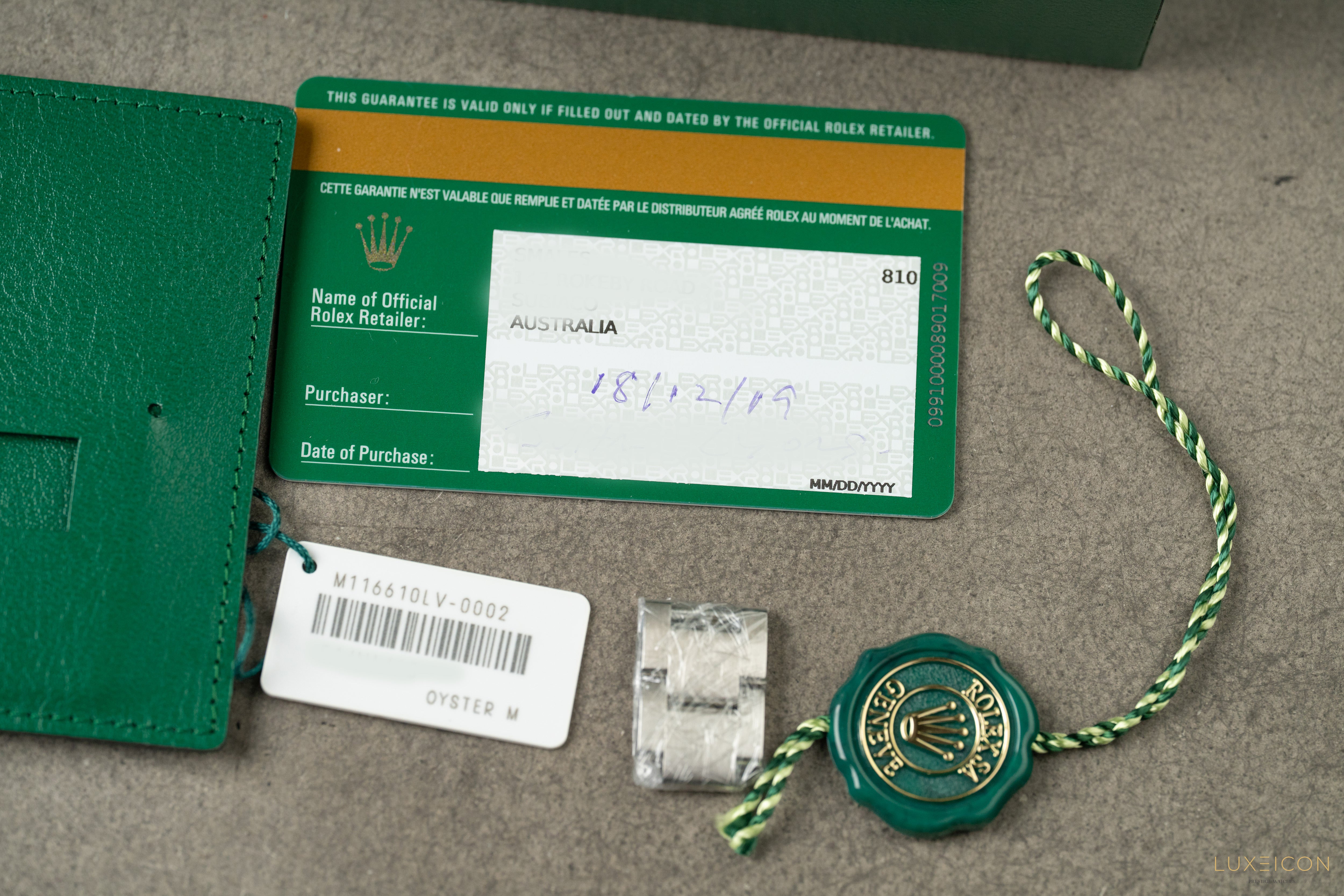 Rolex Submariner Date HULK Stainless Steel Green Ceramic 40mm Watch 116610 LV 2019