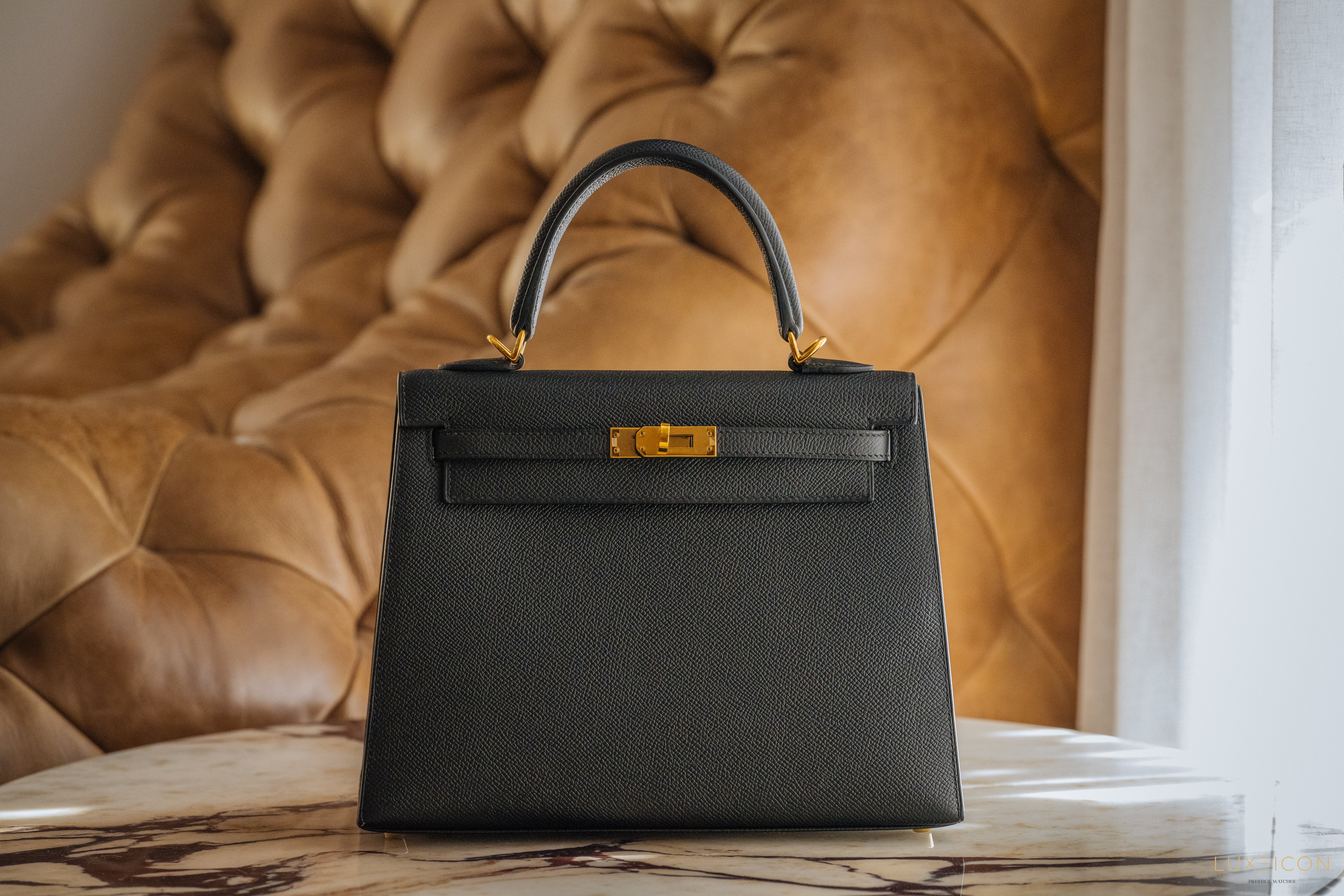 HERMES KELLY 25 EPSOME BLACK GHW STAMP B