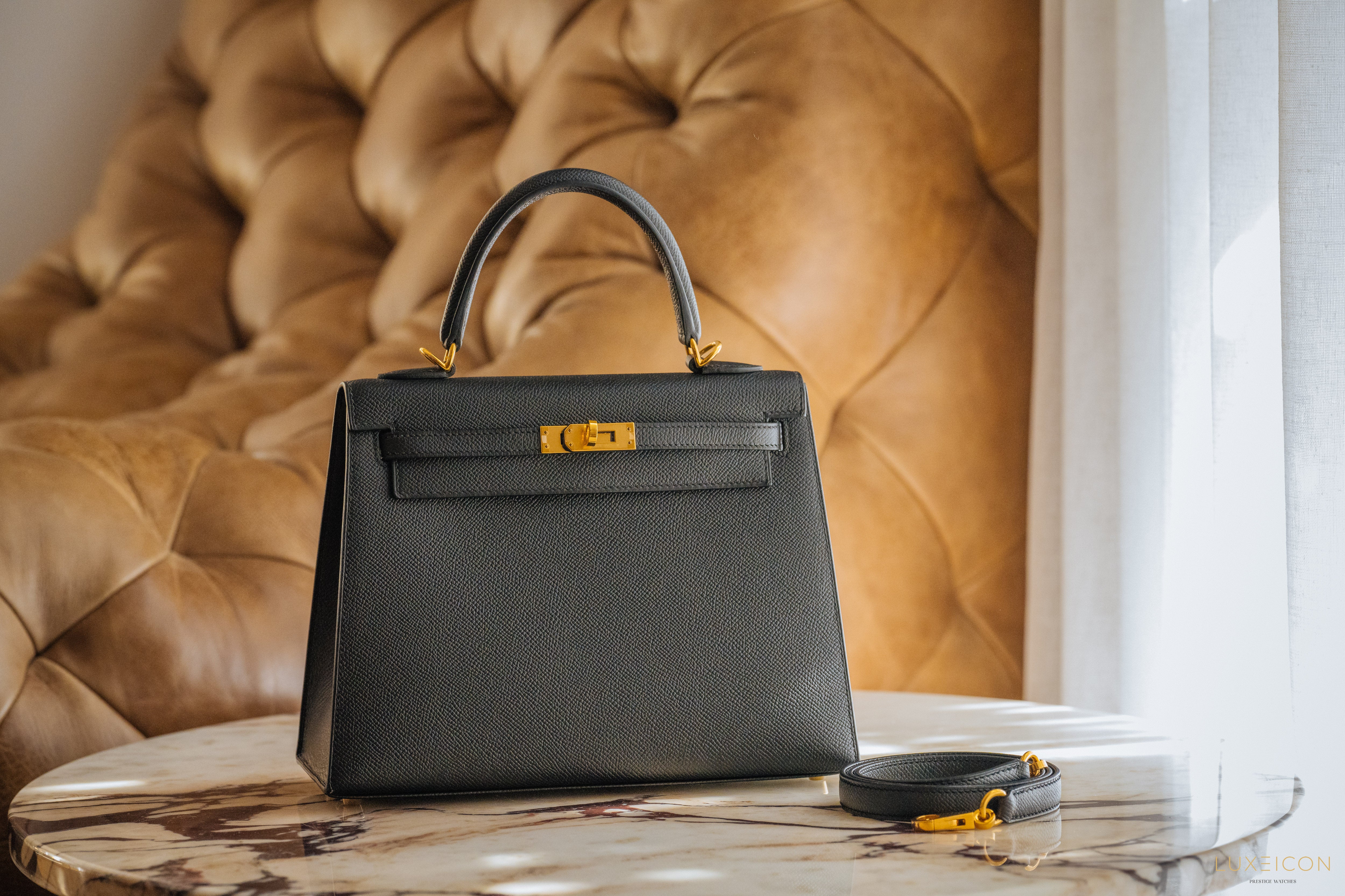 HERMES KELLY 25 EPSOME BLACK GHW STAMP B