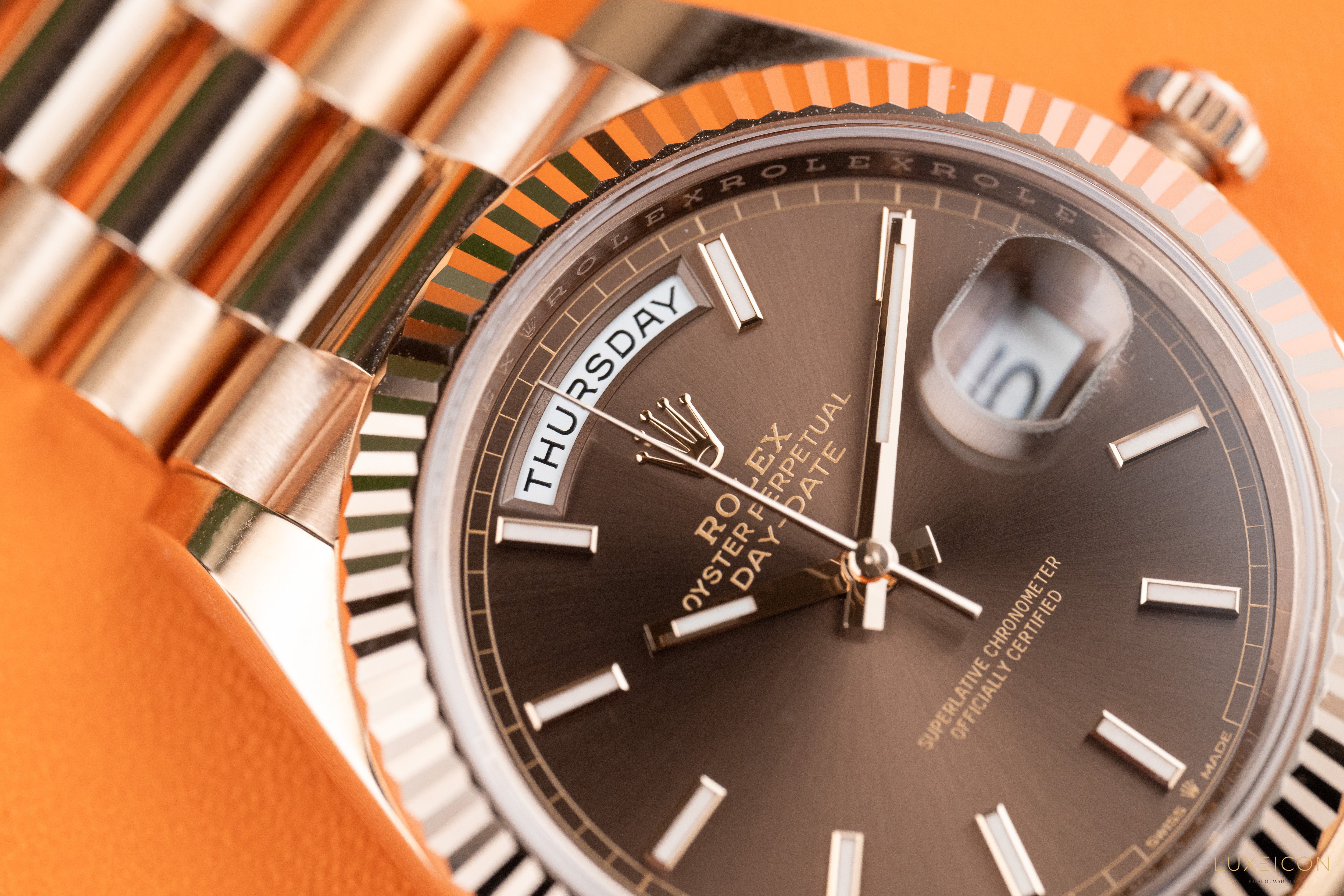 Rolex Day-Date 40 President Rose Gold Chocolate Index Dial 228235