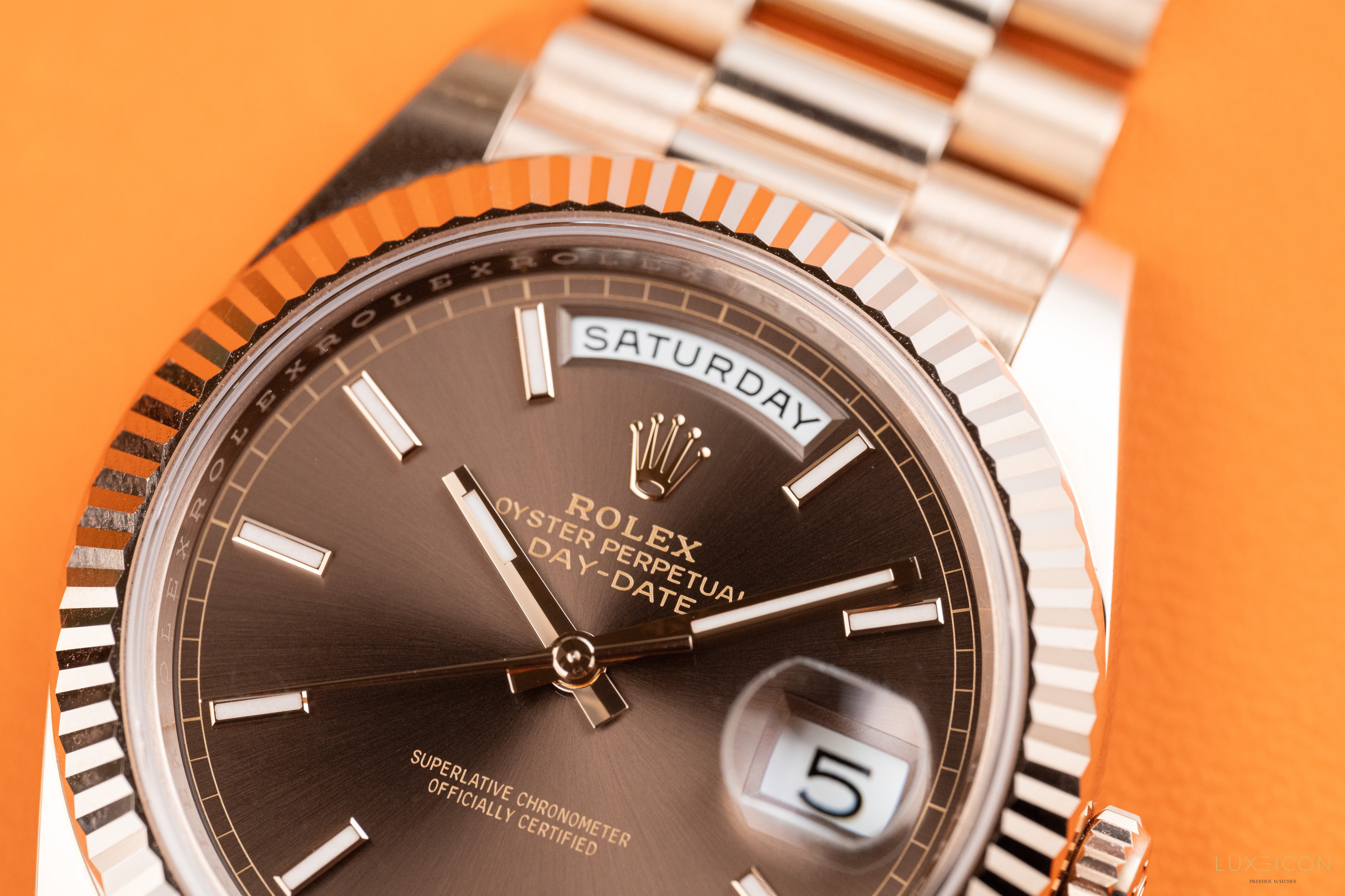 Rolex Day-Date 40 President Rose Gold Chocolate Index Dial 228235