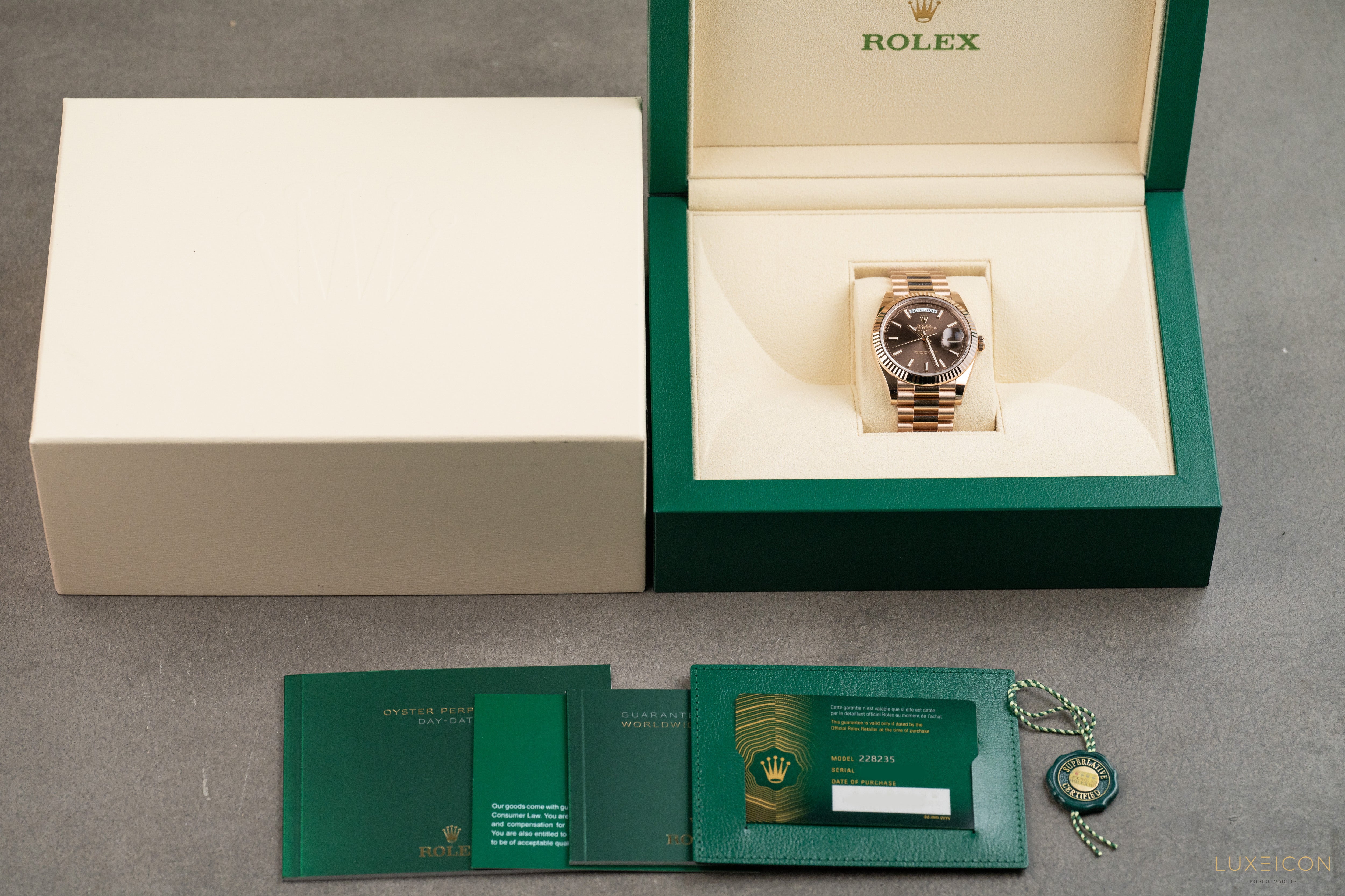 Rolex Day-Date 40 President Rose Gold Chocolate Index Dial 228235