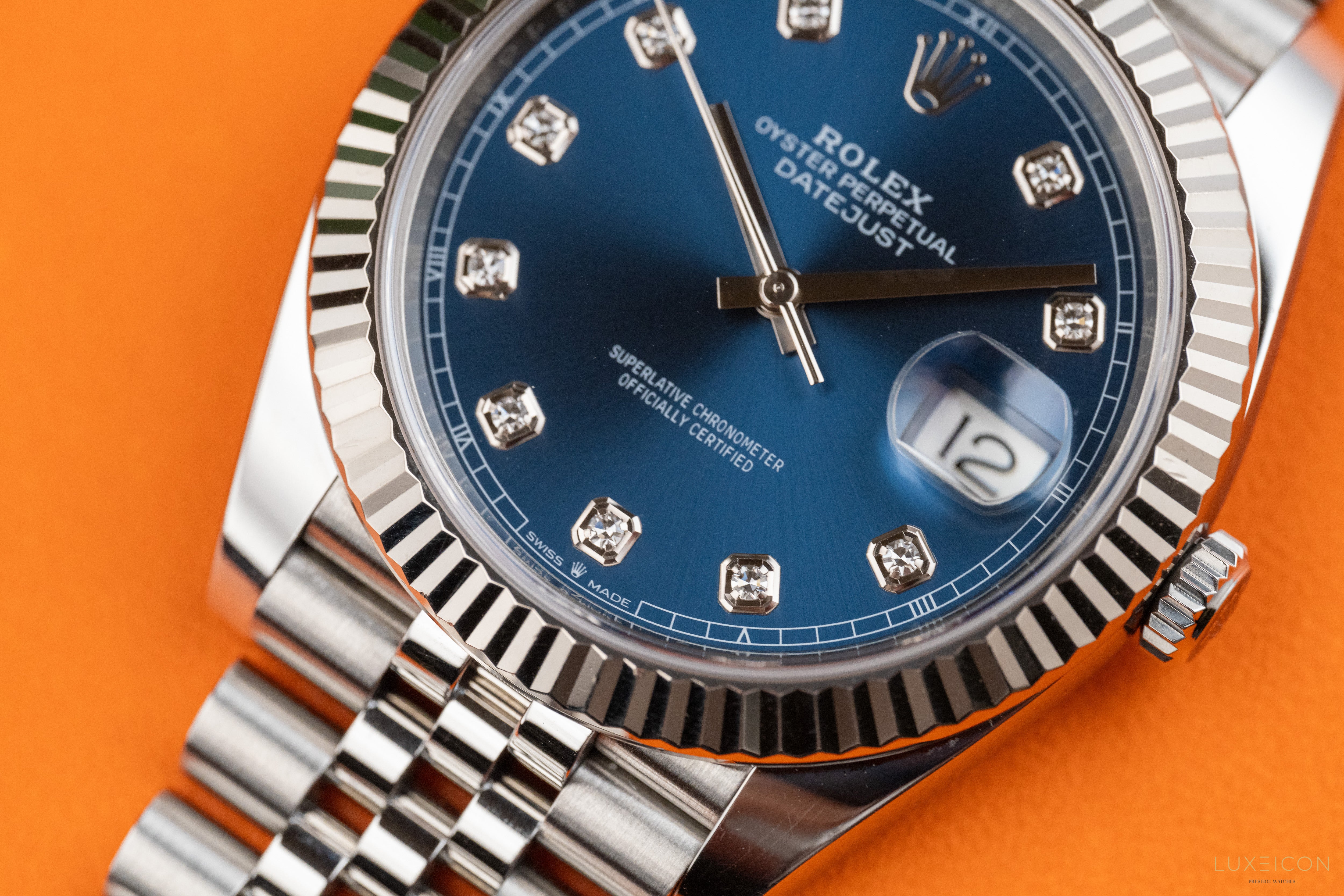 Rolex Datejust 41mm Blue Diamond Dial Fluted Bezel Jubilee Bracelet 126334