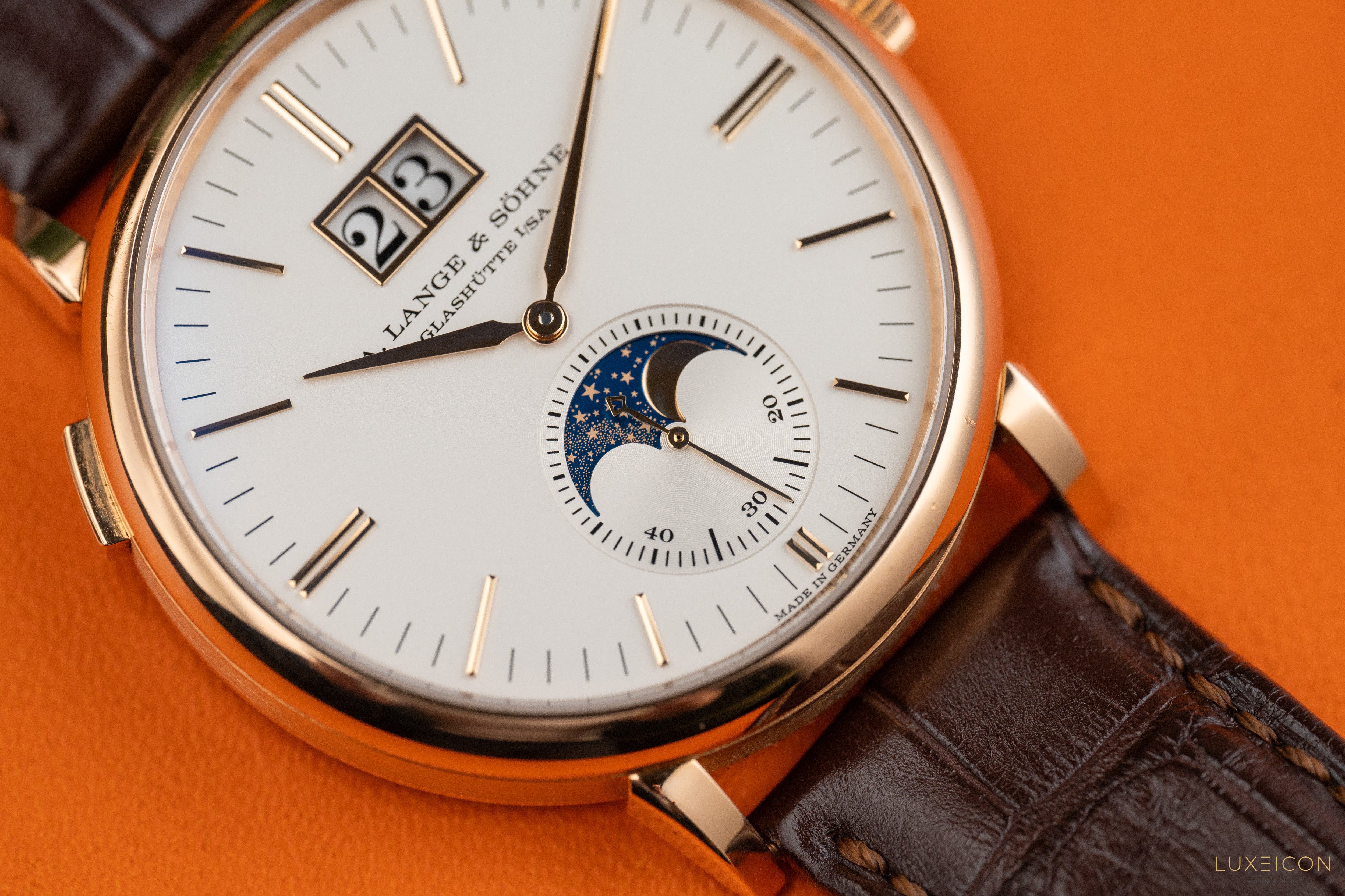 A. Lange & Söhne Saxonia Moonphase Rose Gold Silver Dial Mens Watch 384.032