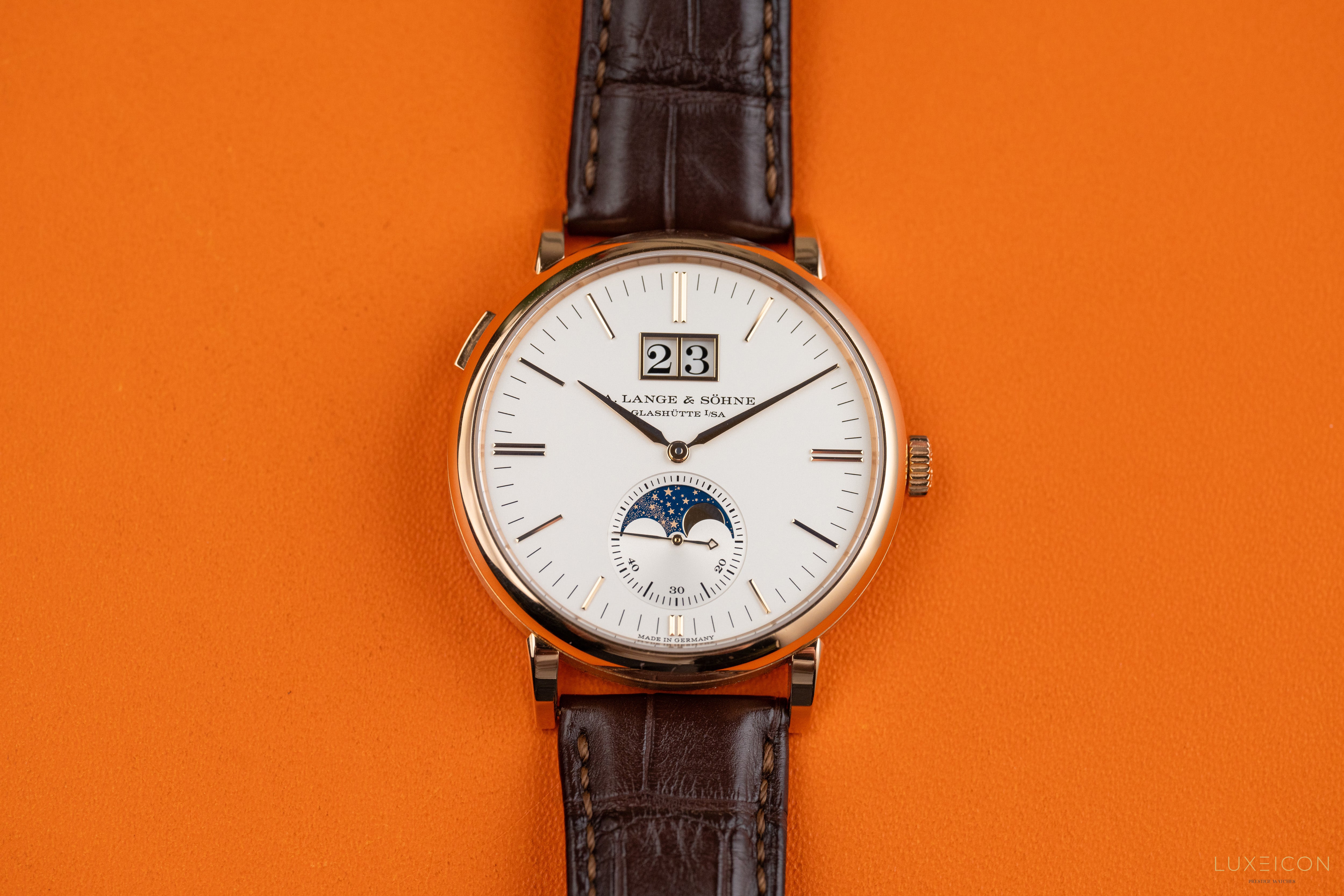 A. Lange & Söhne Saxonia Moonphase Rose Gold Silver Dial Mens Watch 384.032