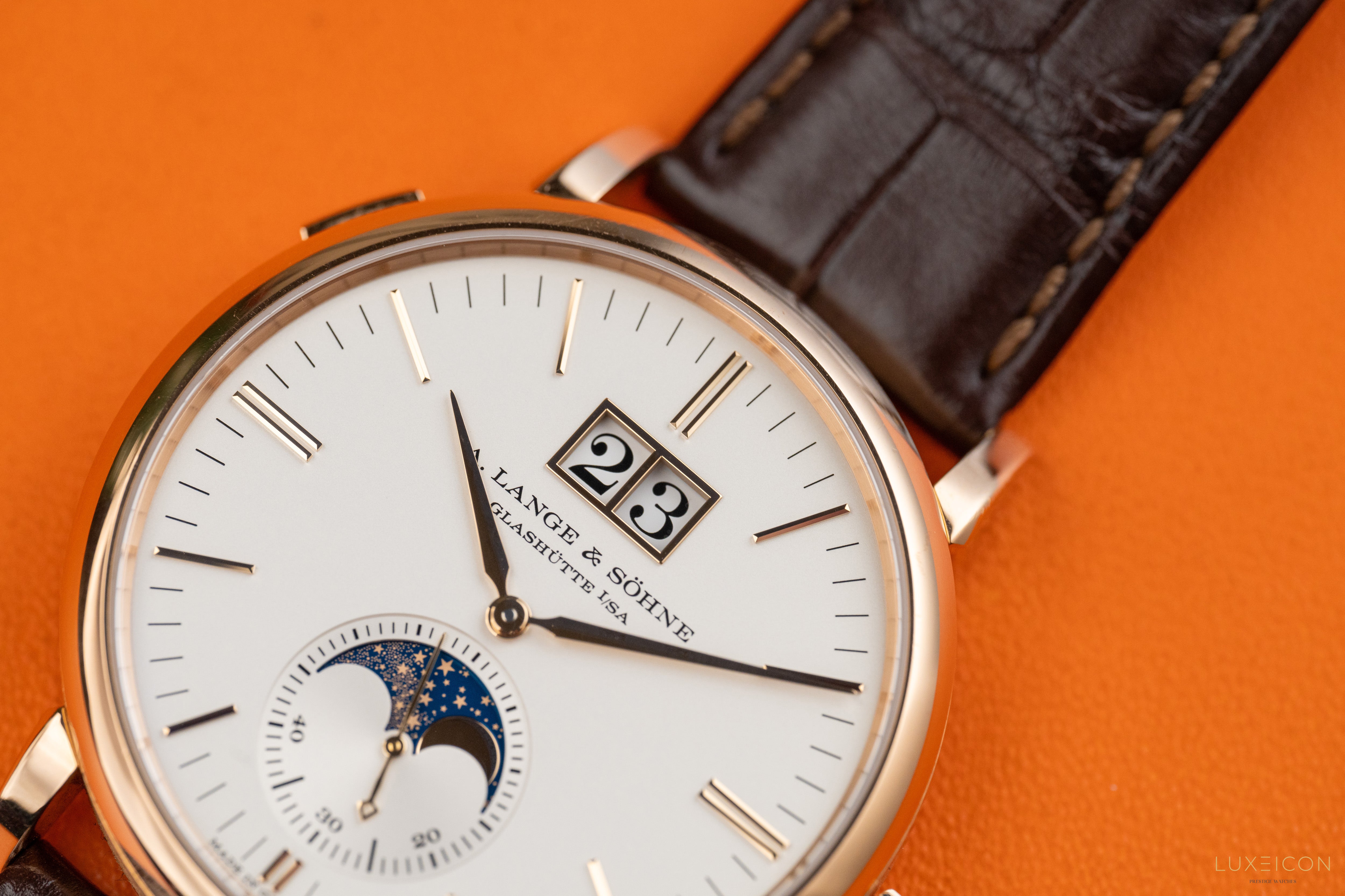 A. Lange & Söhne Saxonia Moonphase Rose Gold Silver Dial Mens Watch 384.032