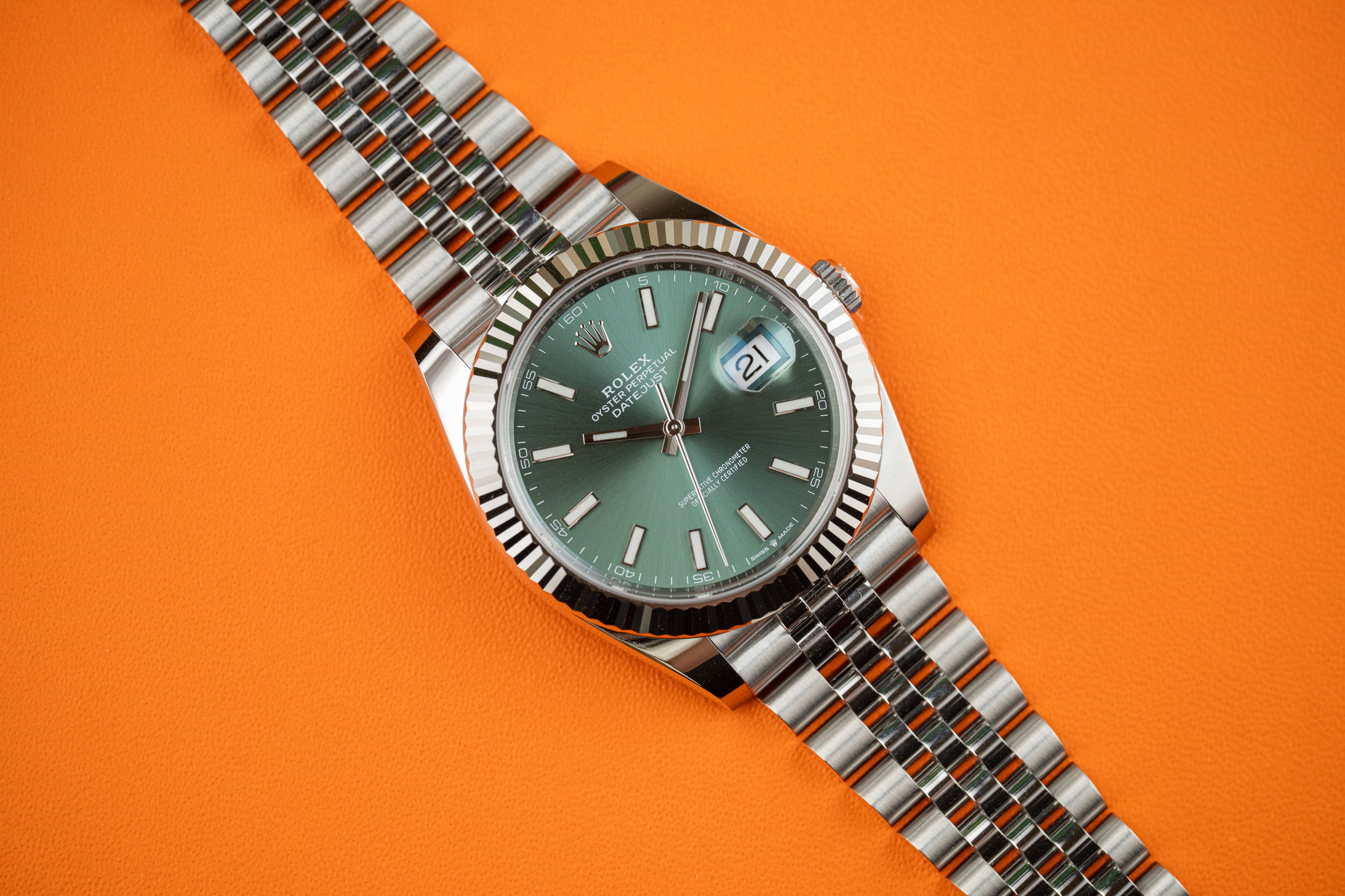 Rolex Datejust 41 Stainless Steel Fluted Bezel Jubilee Bracelet Mint Green Stick 126334