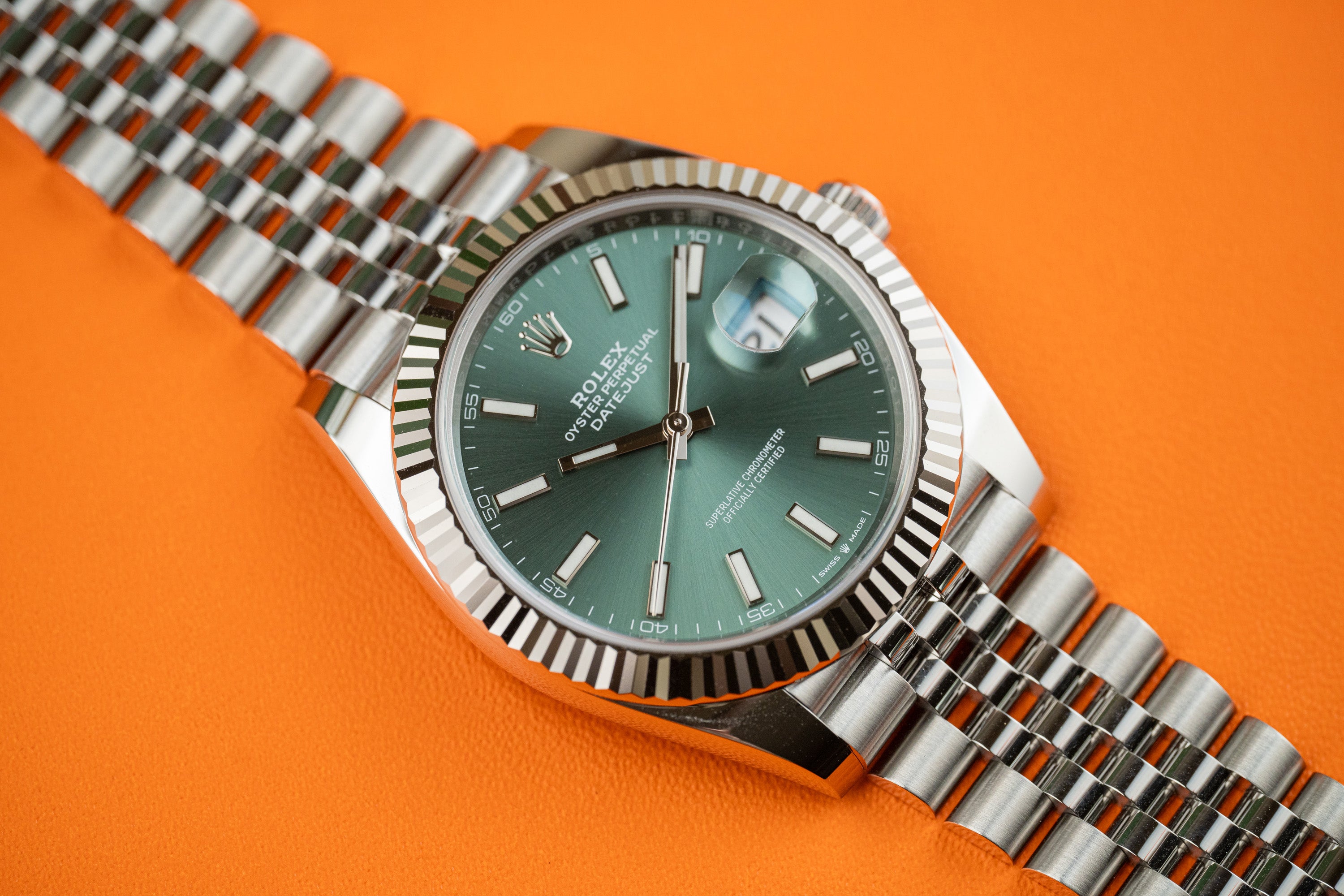 Rolex Datejust 41 Stainless Steel Fluted Bezel Jubilee Bracelet Mint Green Stick 126334