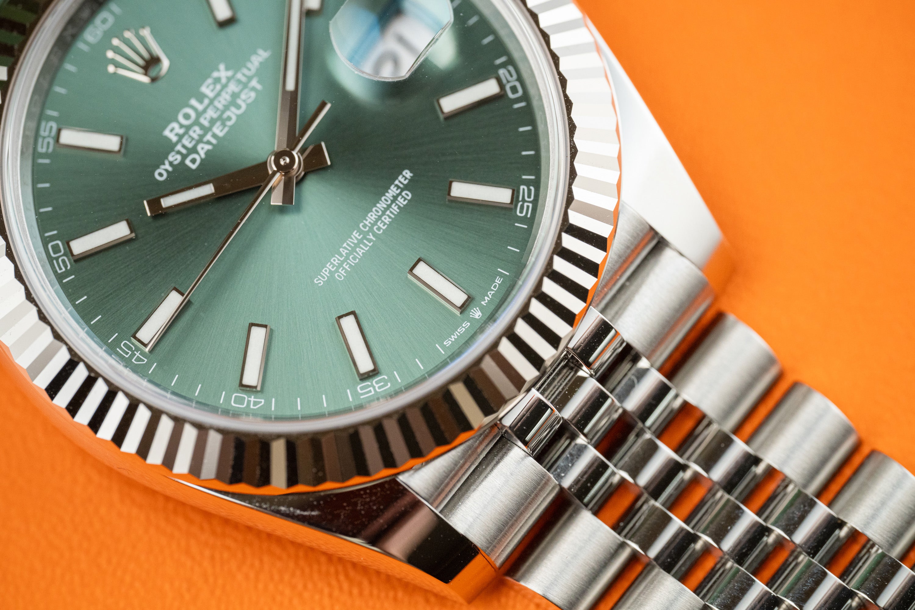 Rolex Datejust 41 Stainless Steel Fluted Bezel Jubilee Bracelet Mint Green Stick 126334