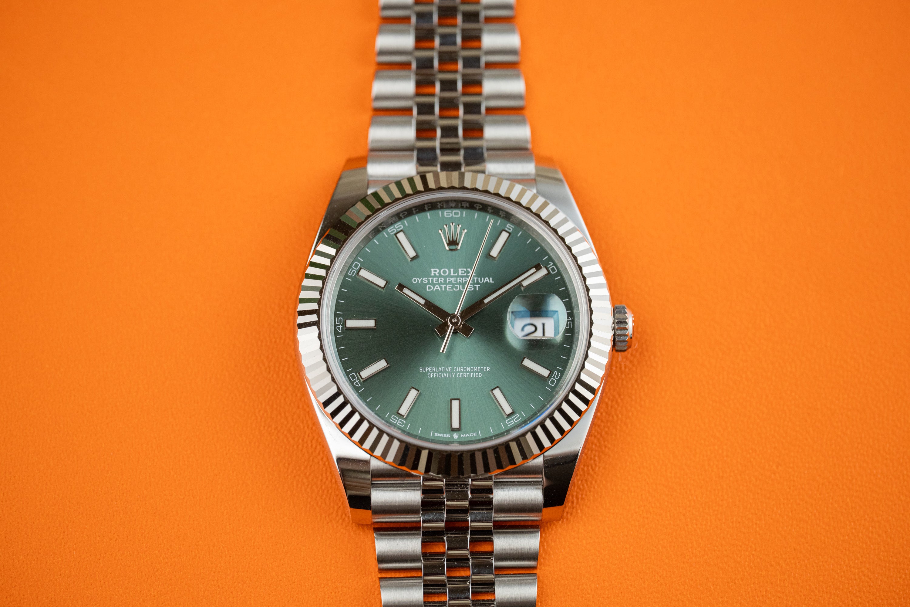 Rolex Datejust 41 Stainless Steel Fluted Bezel Jubilee Bracelet Mint Green Stick 126334