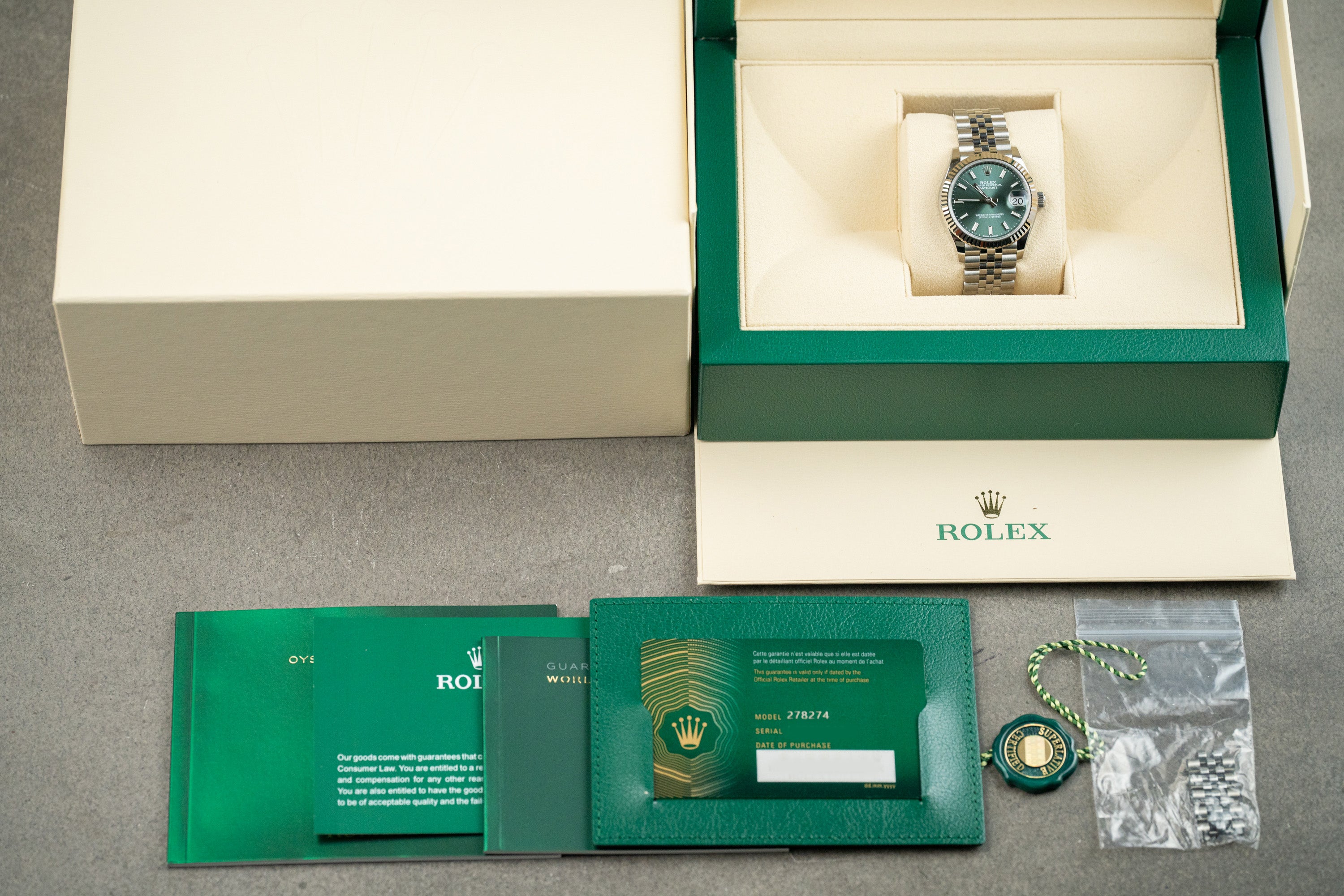 Rolex Datejust 31 Ladies Stainless Steel Green Dial Fluted Bezel Jubilee 278274 2022