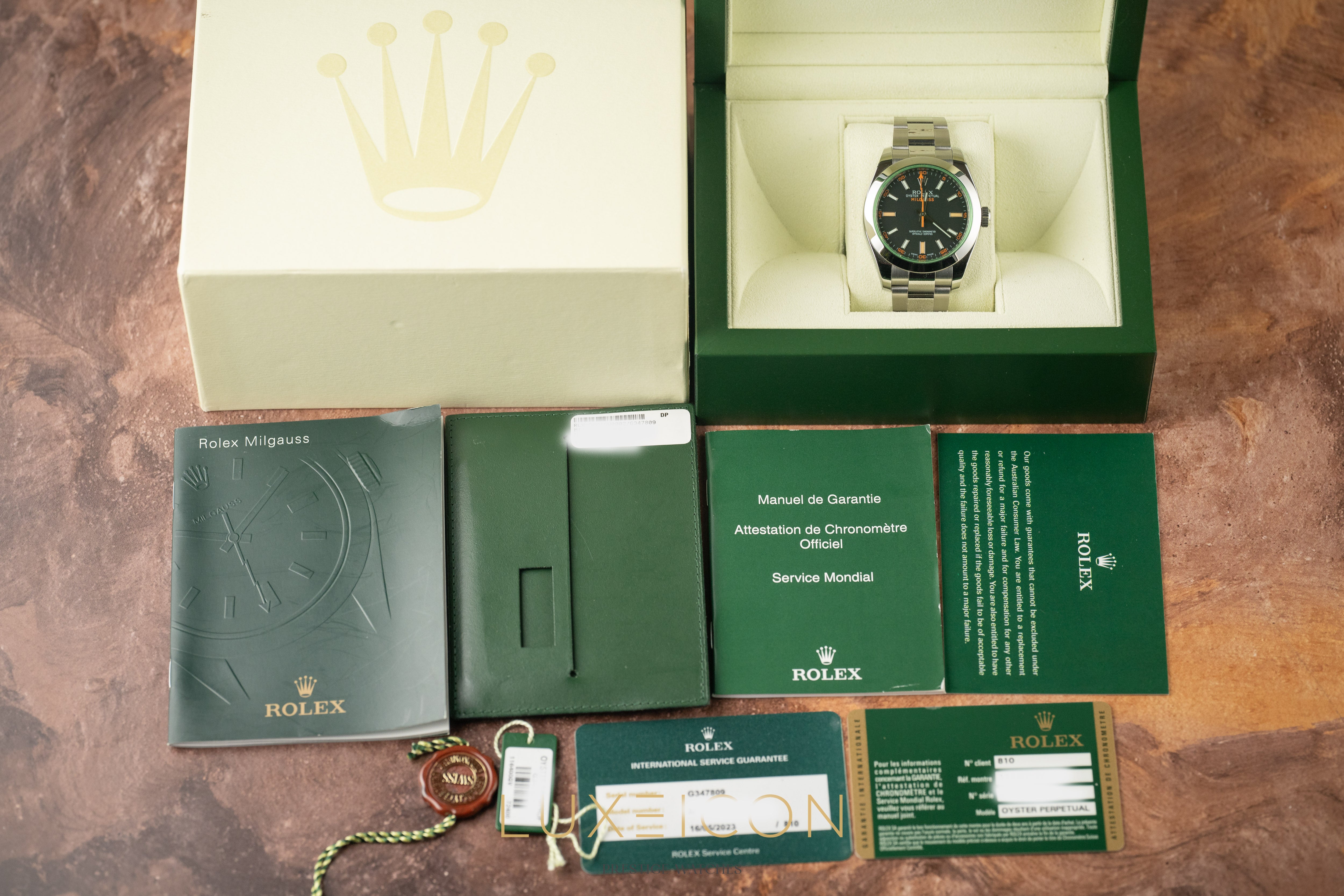 Rolex Milgauss 40mm Stainless Steel Green Crystal Black Dial 116400GV 2012