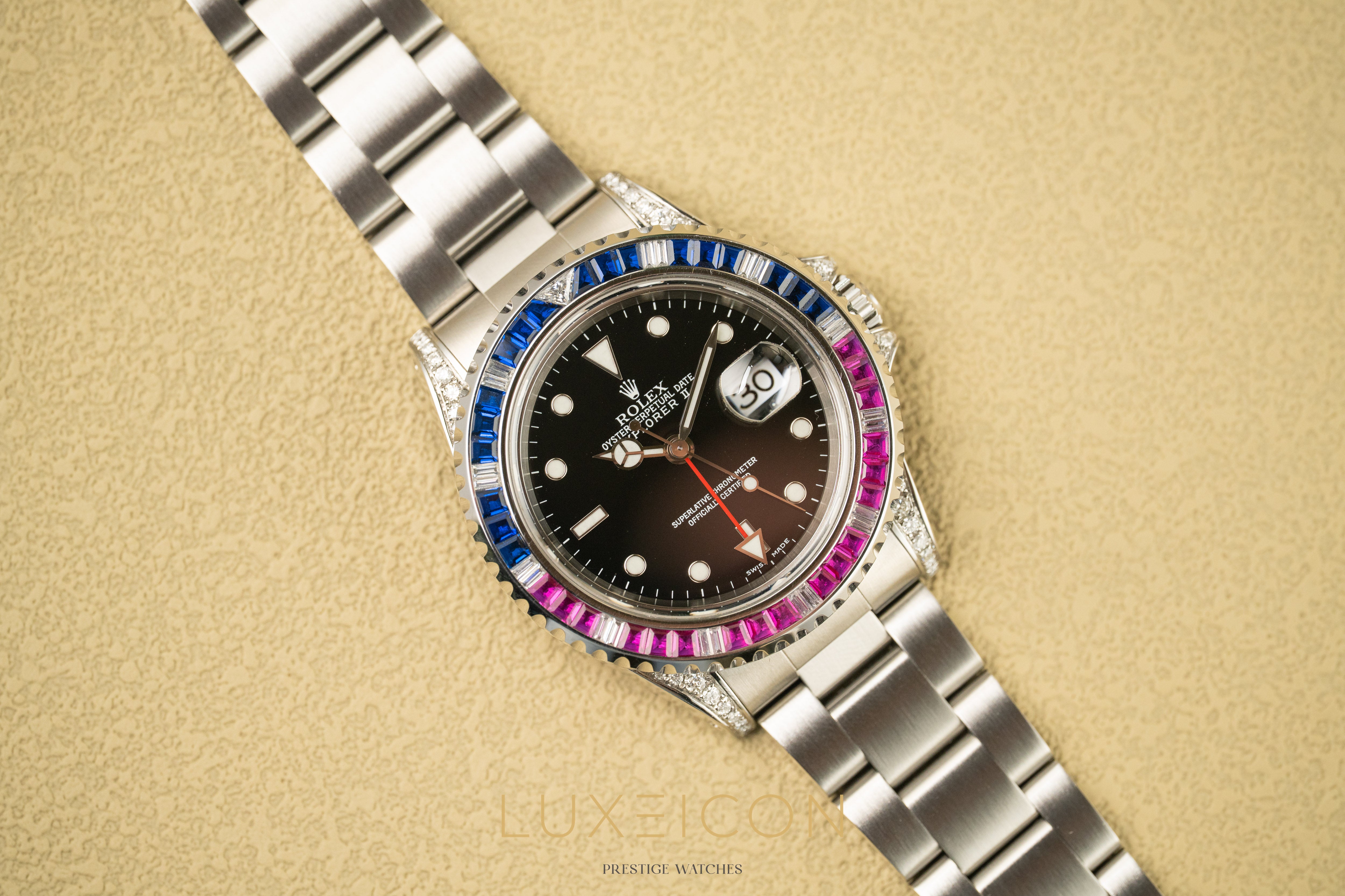 Rolex Explorer II 16570 Black Dial Mens 40mm with customized SARU Bezel Watch Only 1999