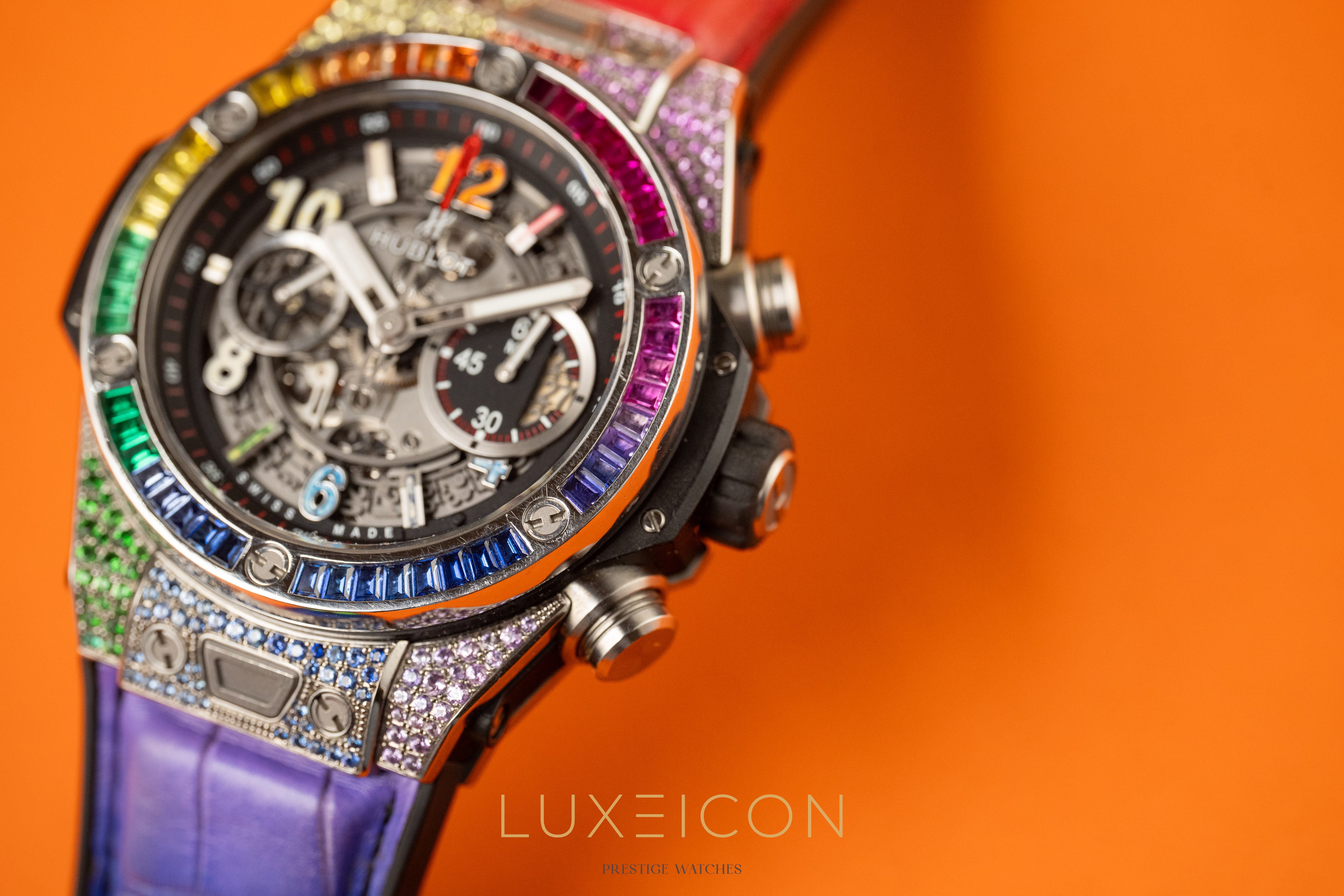 Hublot Big Bang Unico Customised Rainbow Sapphire Titanium Date Chronograph