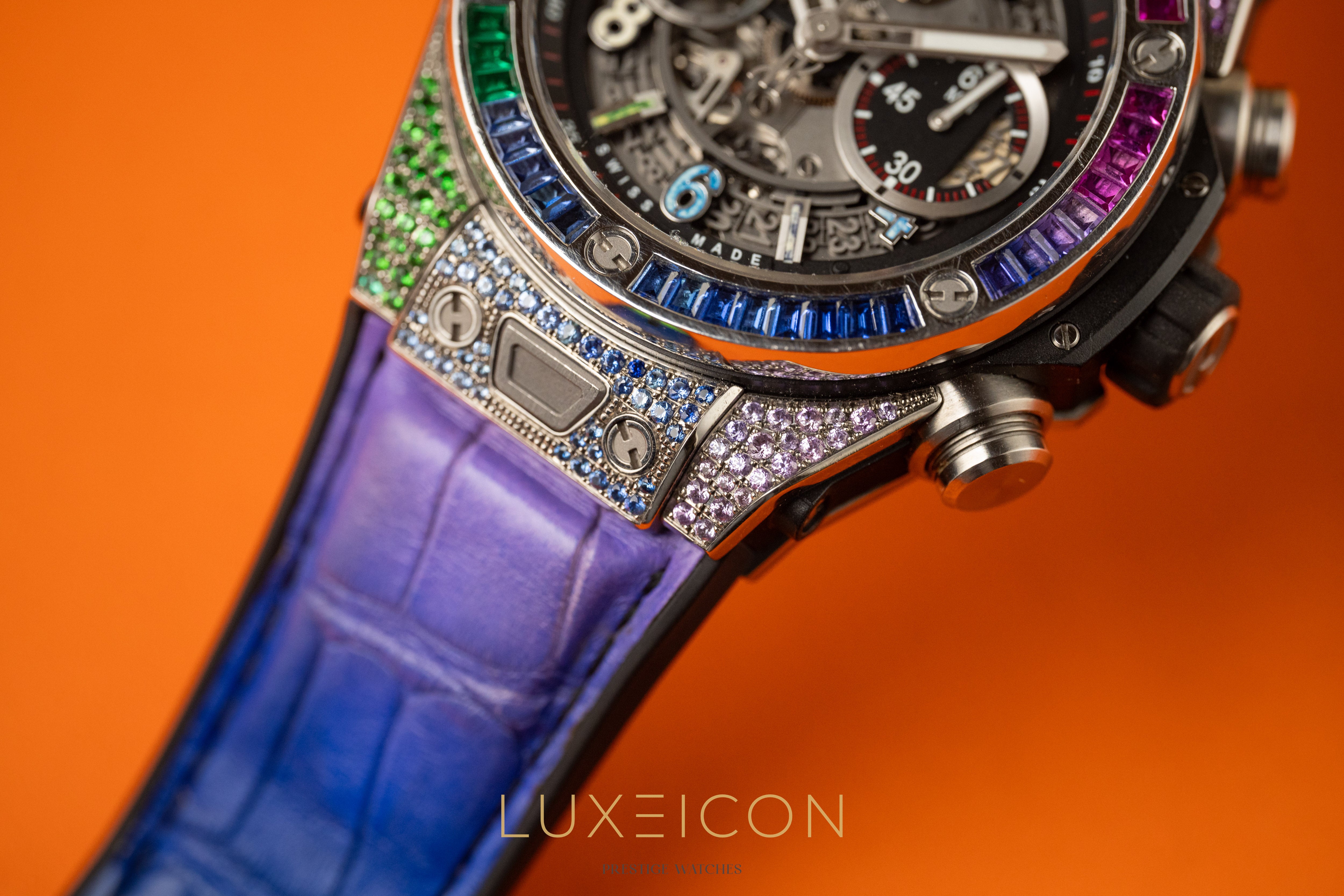 Hublot Big Bang Unico Customised Rainbow Sapphire Titanium Date Chronograph